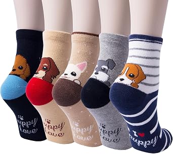 YSense Womens Cute Animal Socks 5 Pairs, Dog Cat Novelty Cartoon Crew Funny Socks Stocking Stuffers Gifts for Women Girl