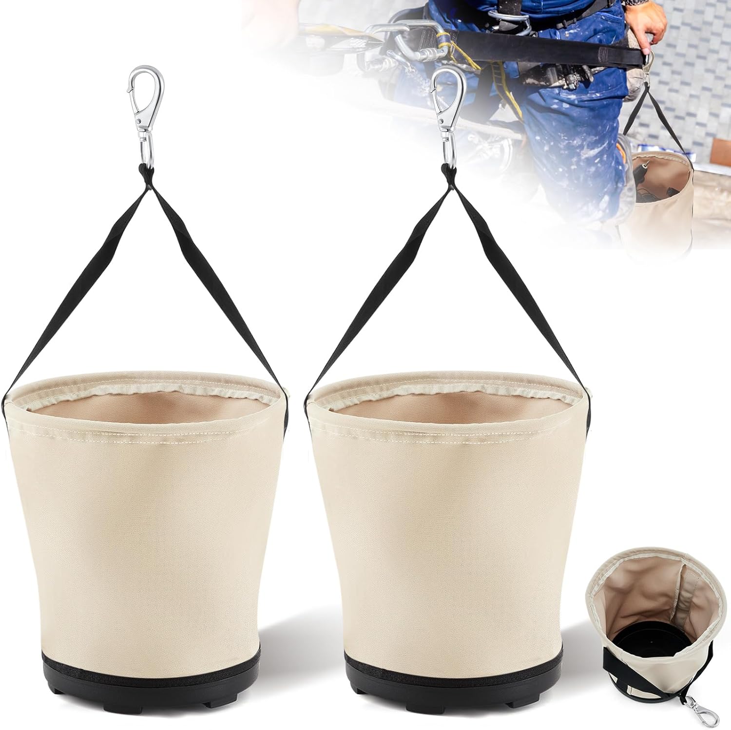 2 Pcs Heavy Duty Tool Canvas Bucket 12 x 12 x 9 Inches Tapered Wall Bucket Bag Plastic Bottom Universal High Weight Load Tool Bag, Load Capacity up to 100 Lbs, 16 oz Canvas