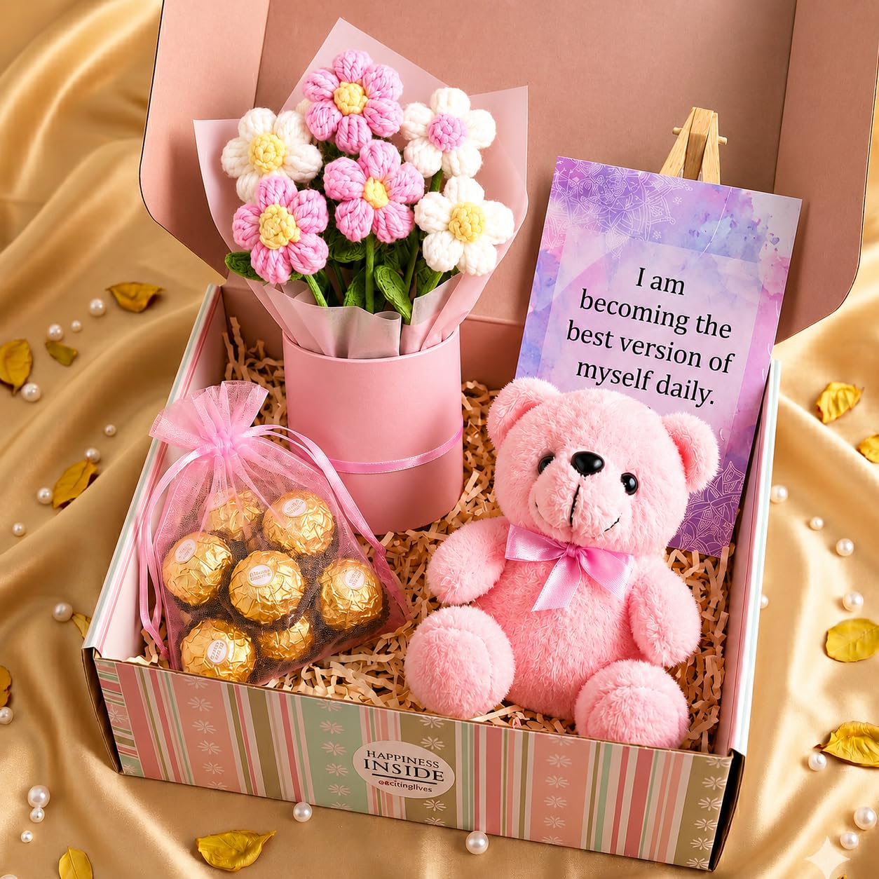 Pink Gift Basket Set For Women - Gift With Teddy Bear, Crochet Flower Bouquet, Chocolates and Inspirational Card, Romantic Gift Box for Wife, Girlfriend, Mom, Sister, Birthday, Valentines Day-image-49