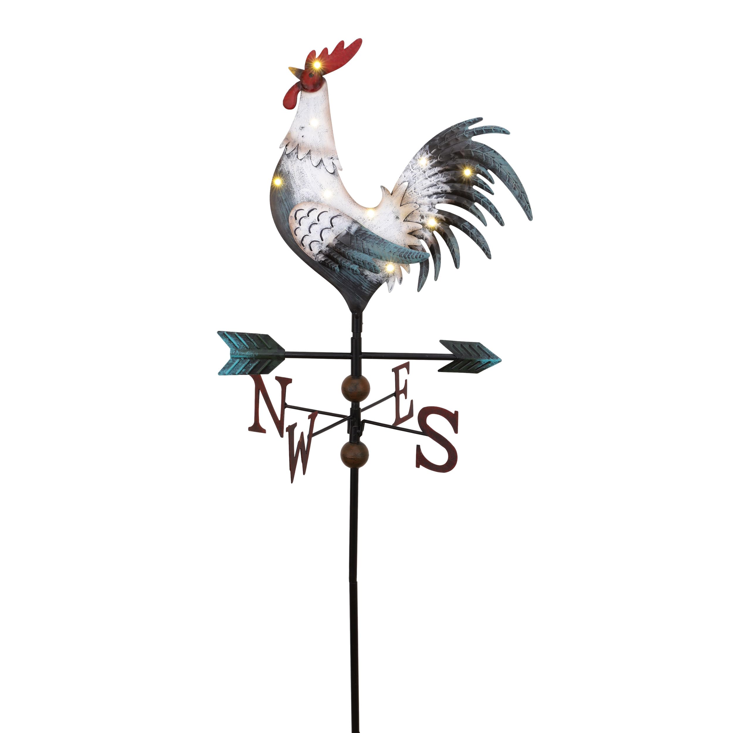 TERESA'S COLLECTIONSGarden Decor with Solar Outdoor Lights, White Rooster Yard Art Sign for Outside, 39.4'' Metal Weathervane Decorative Garden Stake for Outdoor Decor, Lawn, Gifts for Fathers Day