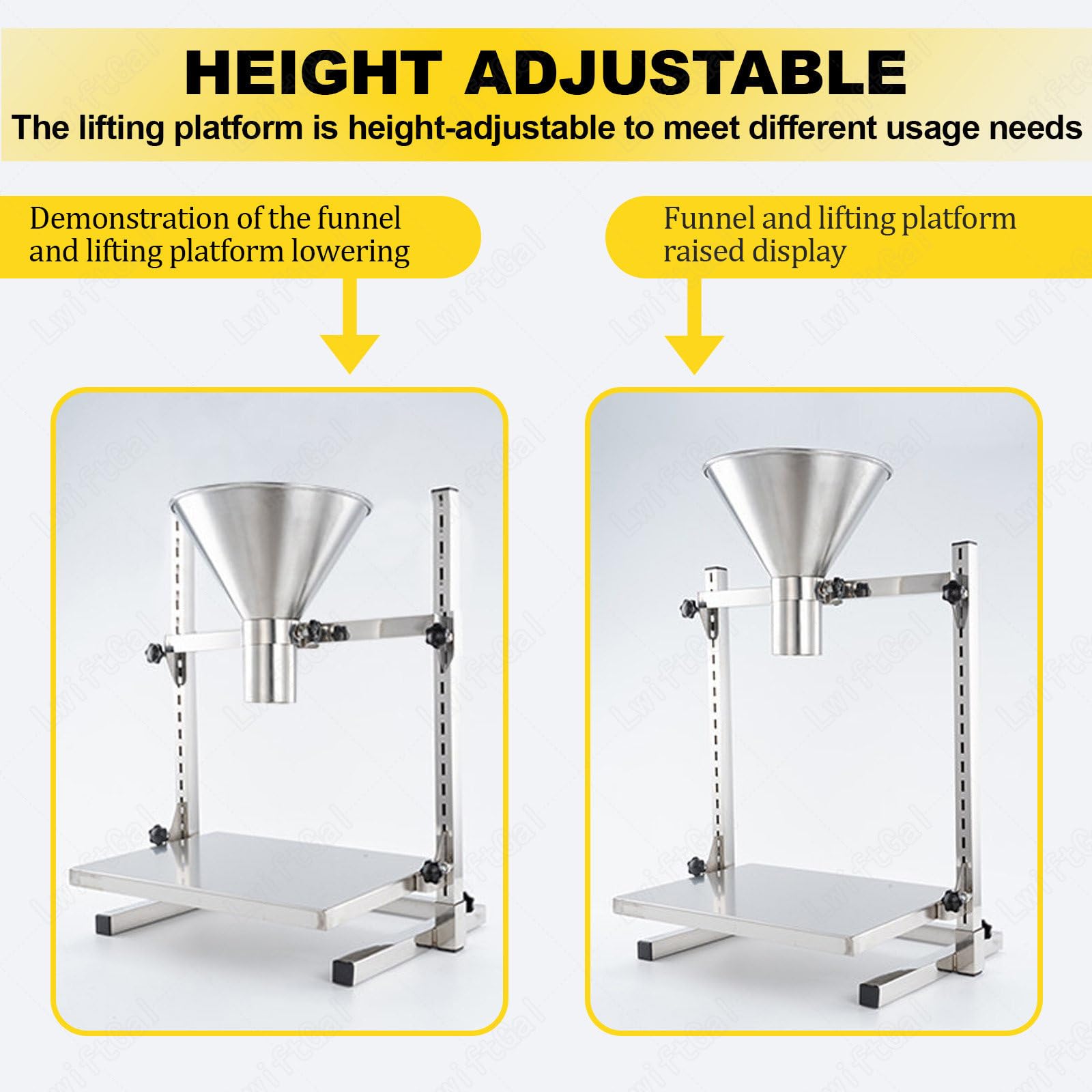 Embudo De Llenado Manual, Tolva De Alimentación De Acero Inoxidable 304 con Soporte, Bandeja Elevable Ajustable, Diseño De Boca Ancha, Tamaño del Puerto De Descarga Opcional 8cm