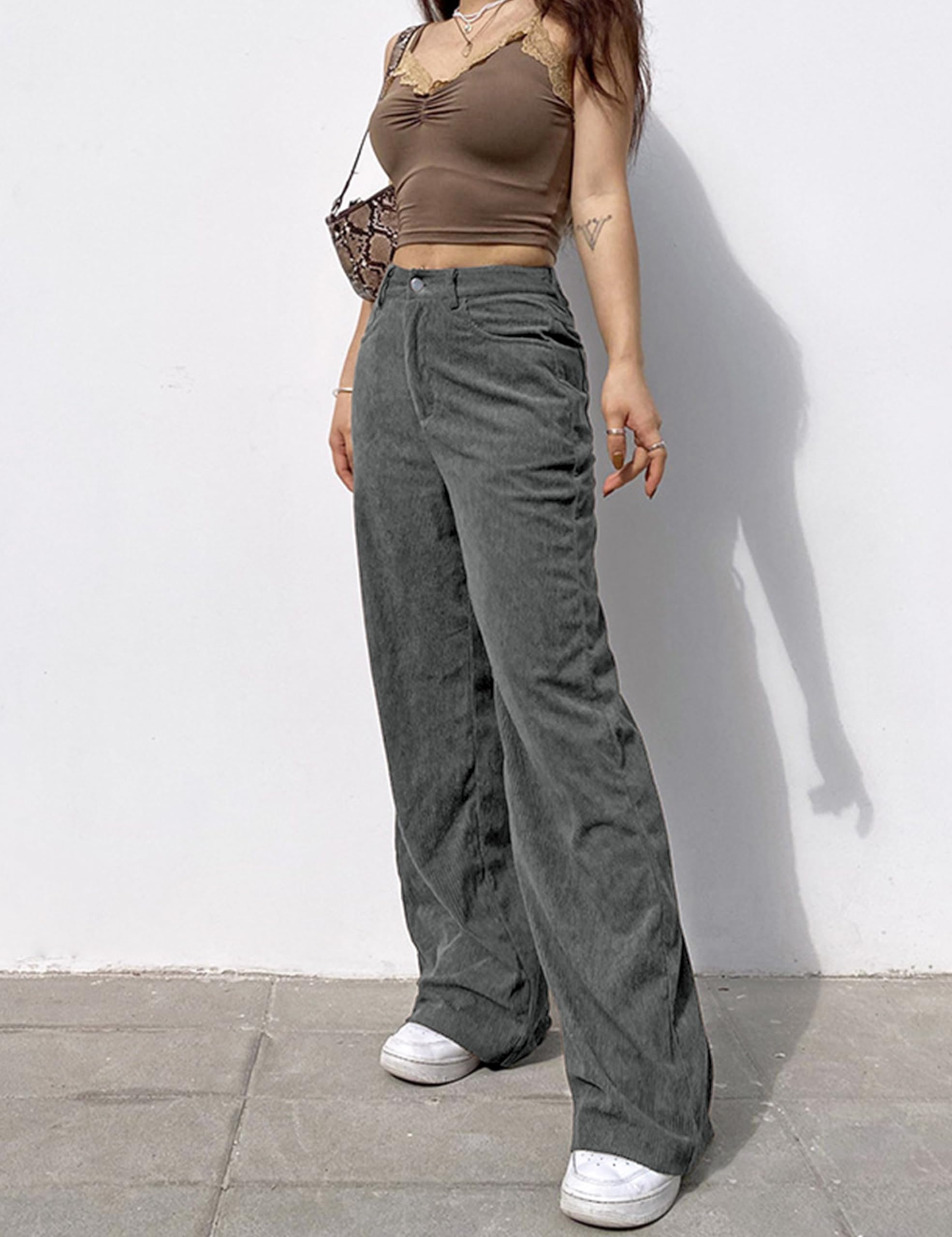 SCUSTY Women's Vintage Corduroy High Elastic Waist Wide Leg Pocketed Pants Trouser