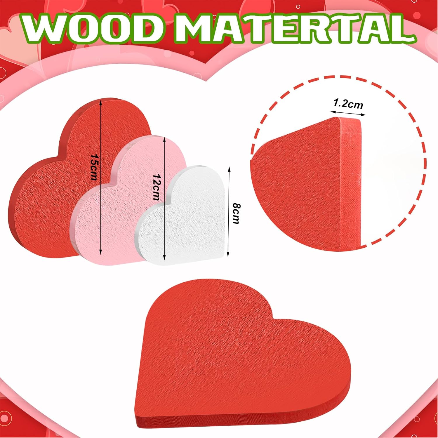 Qunclay 6 Pcs Valentine's Day Decorations 6.7", 5.5" Heart Wood Signs Table Decor Love Table Blocks Centerpiece Pink Red Tiered Tray Decor for Valentines Home Office Mantel Shelf Gift(Warm Heart) Red, Pink, White