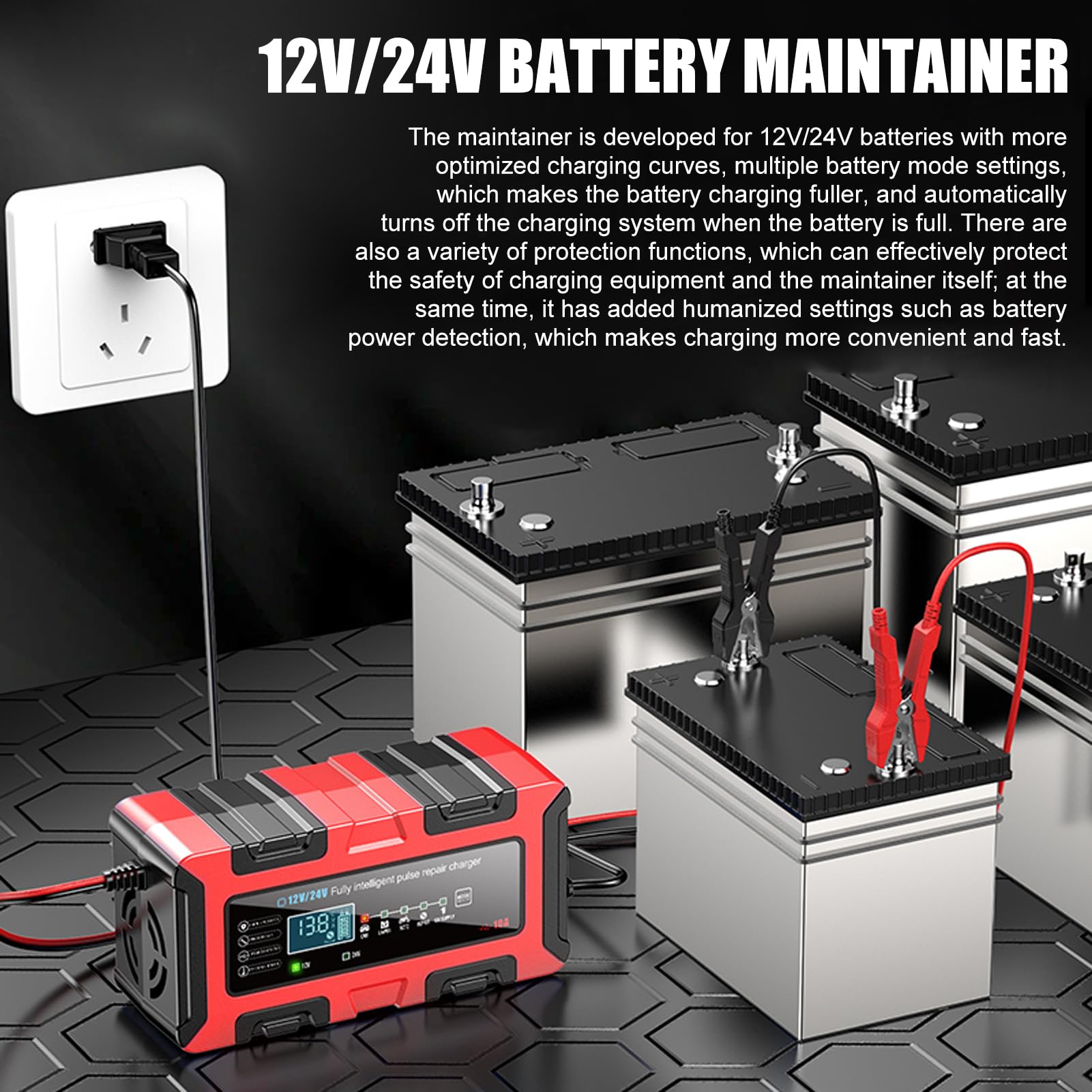 KIMISS Mainteneur de Batterie, Chargeur de Batterie Intelligent ABS 12 V 10 A 24 V 5 A avec écran LCD et Désulfateur, Chargeur de Maintien Automatique pour Voiture, Moto, Camion,