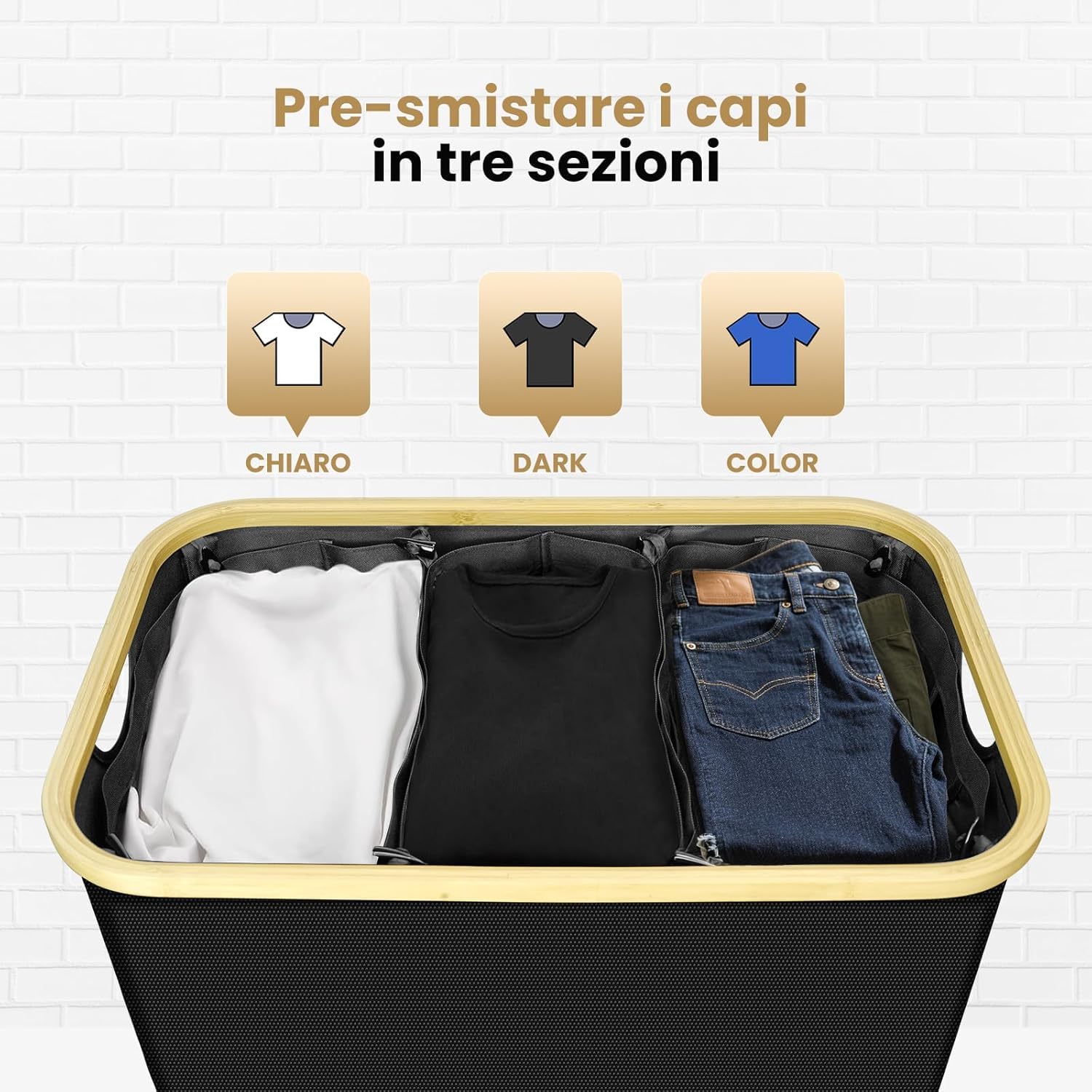 Cesto Portabiancheria 160L con 3 Scomparti e Coperchio, Pieghevole e Salvaspazio, Tessuto Oxford Impermeabile, Sacchetto Estraibile, Manici in Bambù per Lavanderia, Bagno, Camera