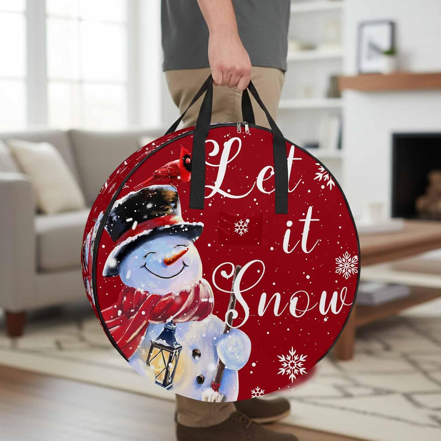 Red Winter Round Storage Bag 36 Inch, Christmas Cardinal Bird Snowman Clothes Storage Container with Handles Heavy Duty Organizer for Comforter, Bedding & Holiday Wreaths