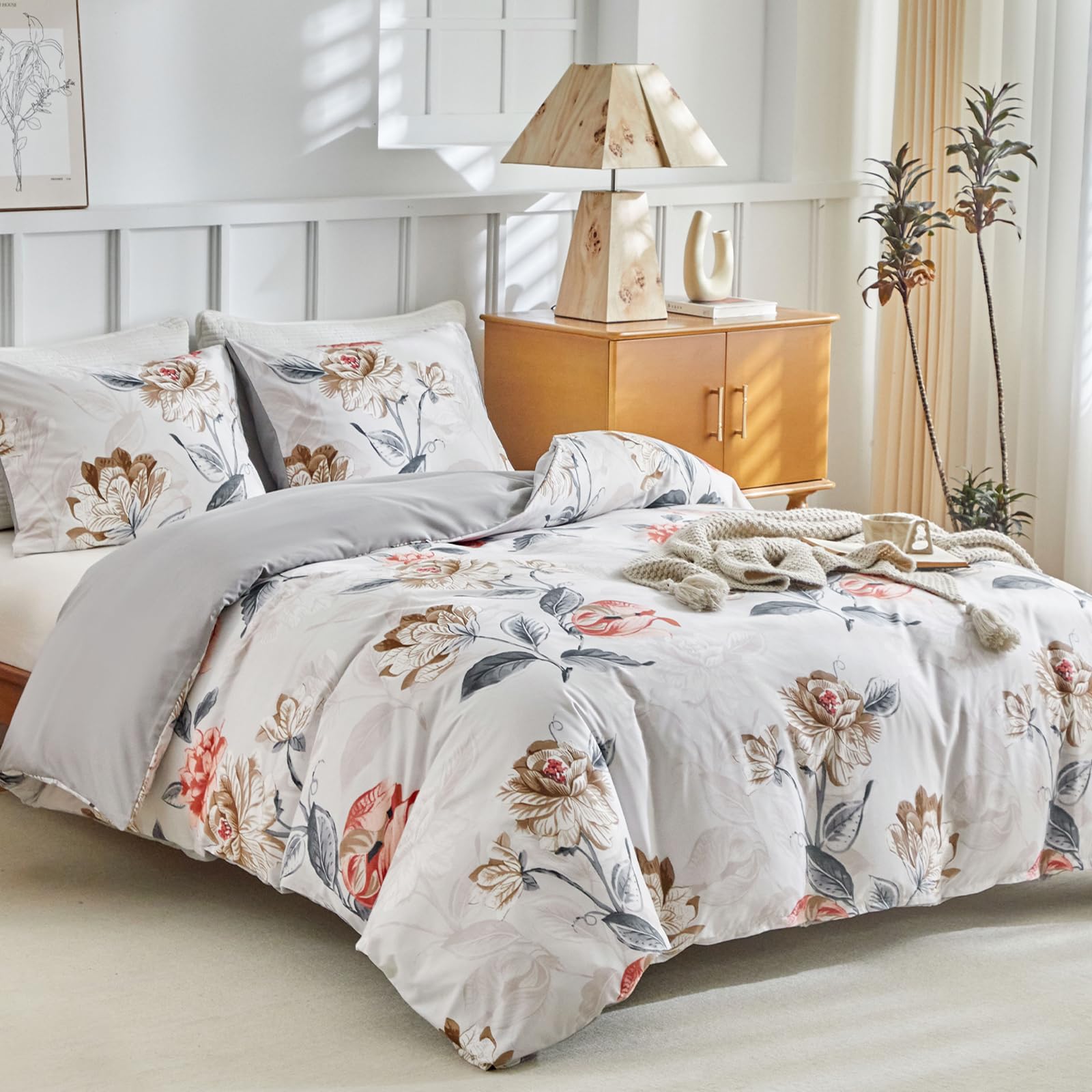 Lekesky Funda Nordica Cama 150, Funda Nordica 220x240cm con Patron de Acuarela Microfibra 3 Piezas Compuesto por 1 Funda Nordica 220x240cm + 2 Fundas de Almohada 50x75cm, Peonía Roja