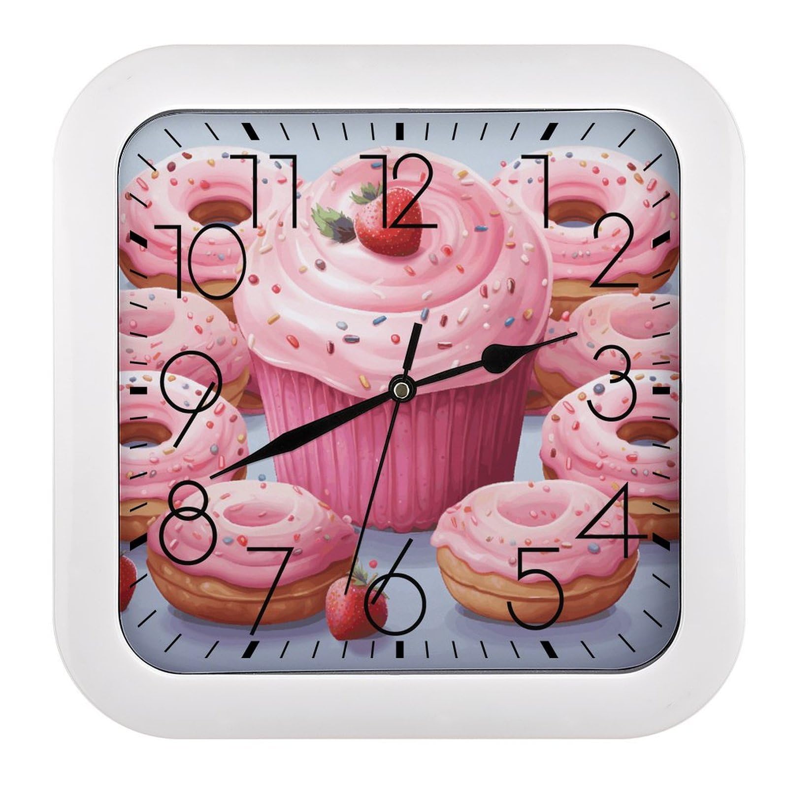 LZQPOEAS Pink Donut and Cupcake Square Wall Clock, 10.2 Inch Battery Operated Silent Non-Ticking Wall Clock, Square Analog Decorative Clock for Home Wall Art, Living Room, Bedroom, and Office
