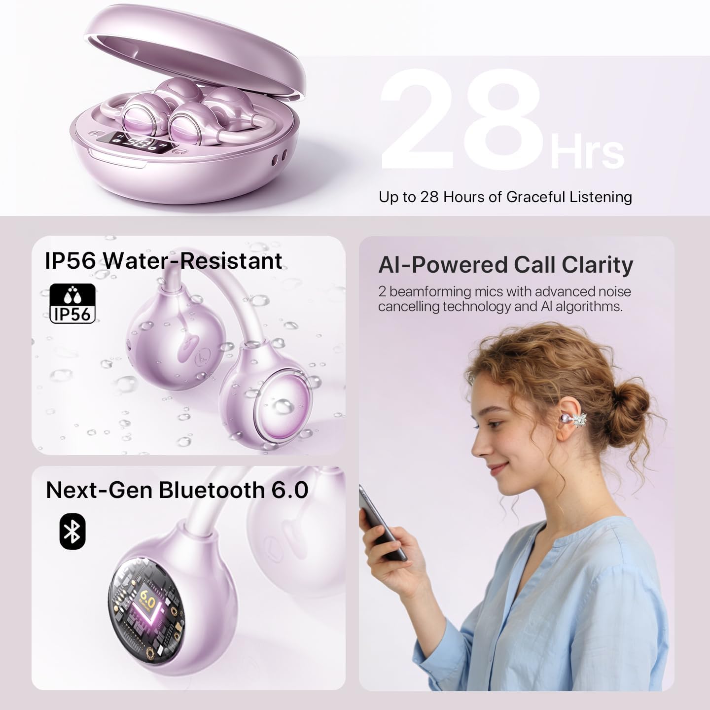 Open Ear Clip Wireless Earbuds Bluetooth 6.0, Powder Compact Case with LED Display & Mirror, Detachable Crystal Butterfly Ear Clips & Bracelet, 28H IPX5 Open-Ear Comfort for Women& Girls Gifts