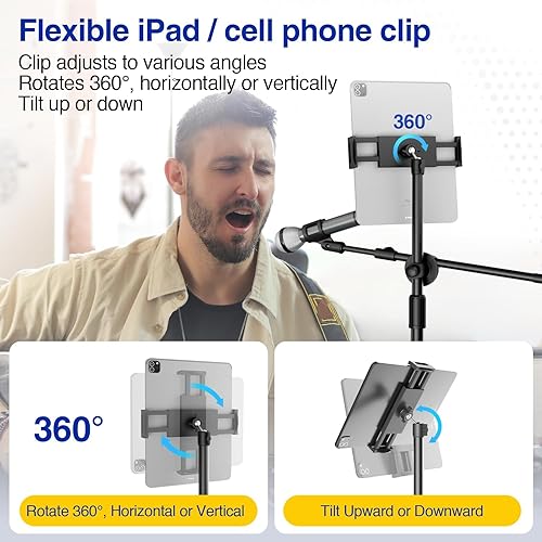 Miniatura 2 de Soporte de micrófono Boom, soporte para micrófono de suelo con soporte para teléfono y tableta, trípode de alta resistencia ajustable de altura y