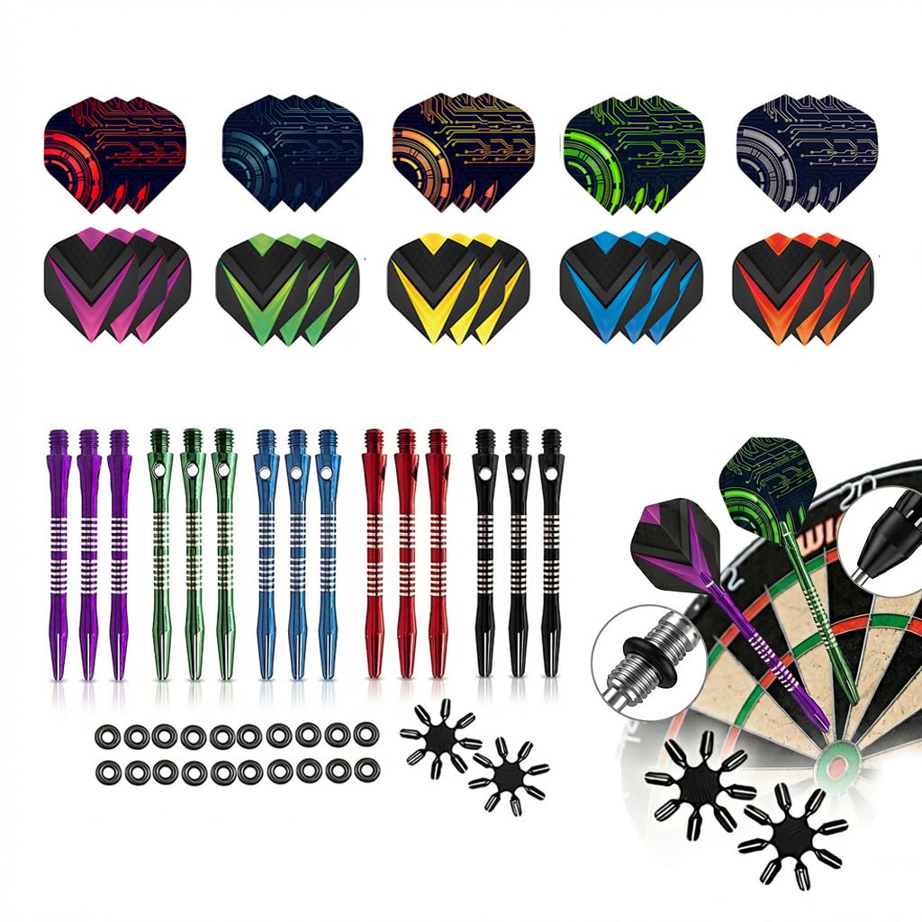 QEAS Dart Flights and Stems, Aluminum Dart Accessories Kit with 30 PCS Flights, 15PCS Stems, 20 PCS Rubber O-Rings, Perfect for Casual Play, Club and Matches