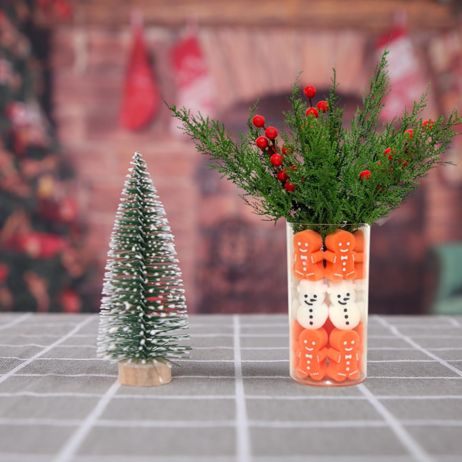 72Pcs Christmas Artificial Pine Branches Red Berry Stems with Gingerbread Man Snowman Vase Filler Set, Christmas Vase Fillers Party Decoration Centerpieces for Tables