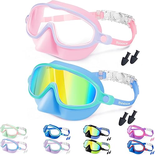 Miniatura 11 de Vvinca Swim Goggles with Nose Cover, 2 Pack Wide View Diving Mask Anti-Fog UV No Leak Toddlers Swimming Goggles for Kids 3-15 04-negro azul y negro