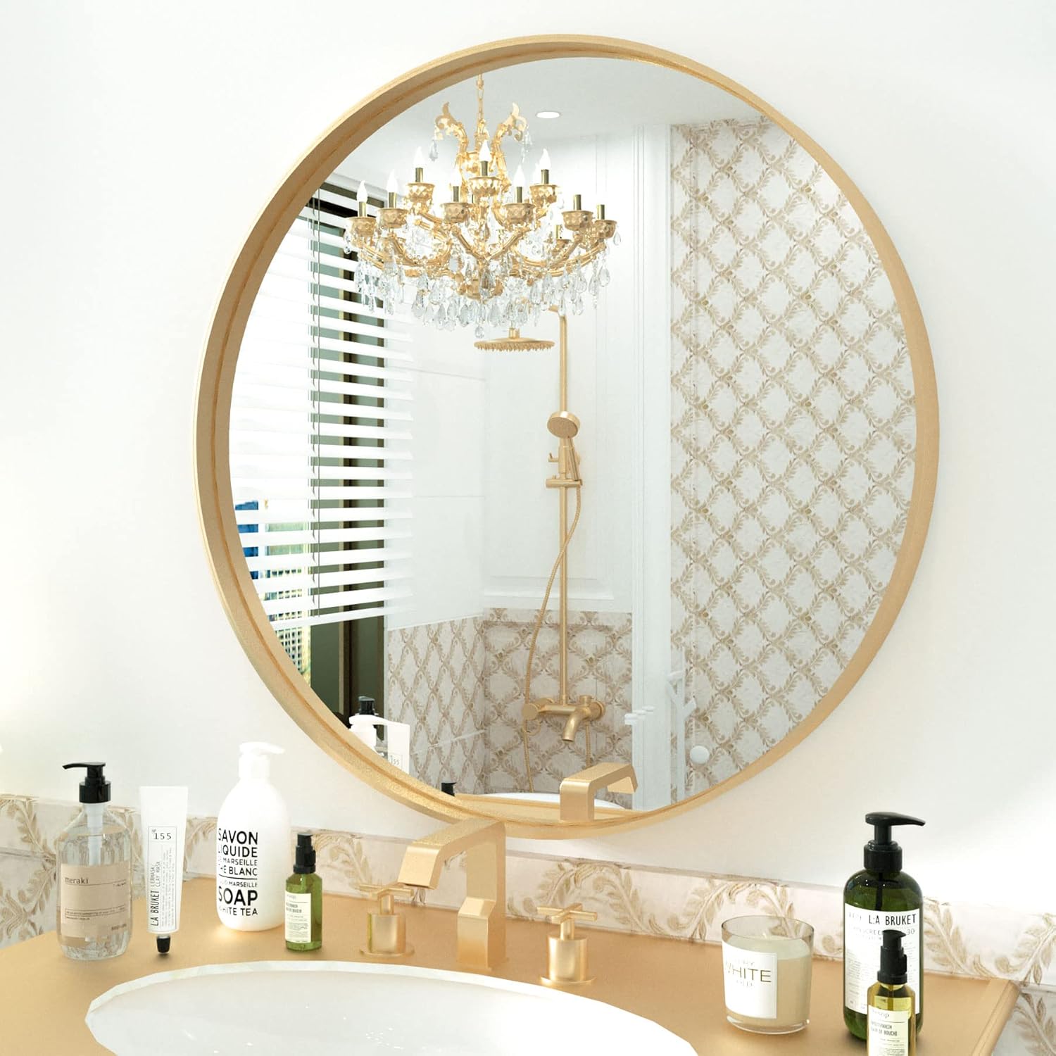 PILOCOS Gold Round Bathroom Mirror, 30 Inch Circle Vanity