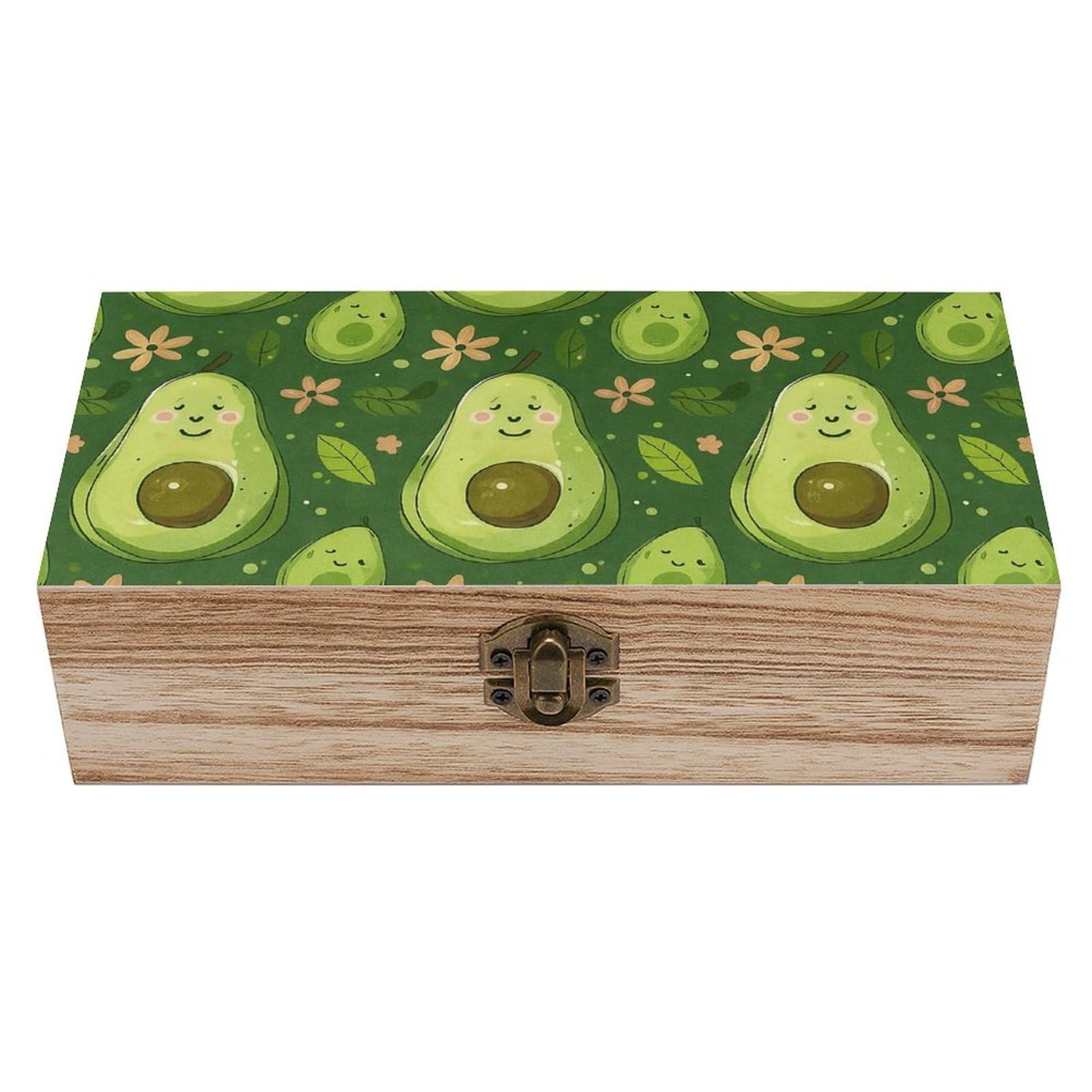 SMAZDFXX Cute Avocado And Pink Flower Wooden Storage Box Multipurpose Decorative Box for Jewelry Photo Home Decor