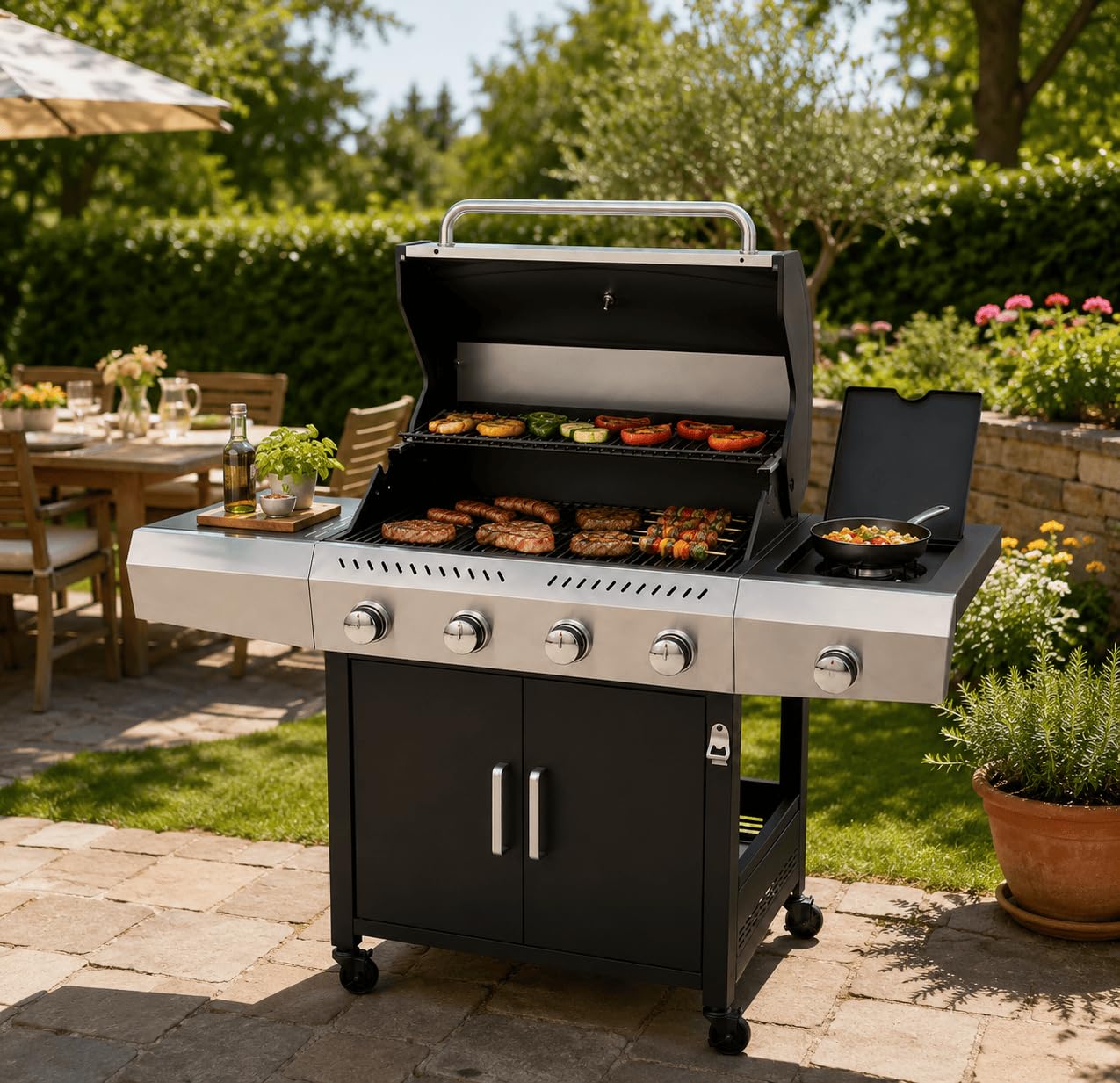 Barbecue a Gas Professionale XXL Da 16 kW con 5 Bruciatori in Acciaio Inox 304 Con Fuoco Laterale Termometro Coperchio Doppio Griglia Di Cottura 67 x 42 Cm E Ruote 137 × 50 × 120 Cm Nero