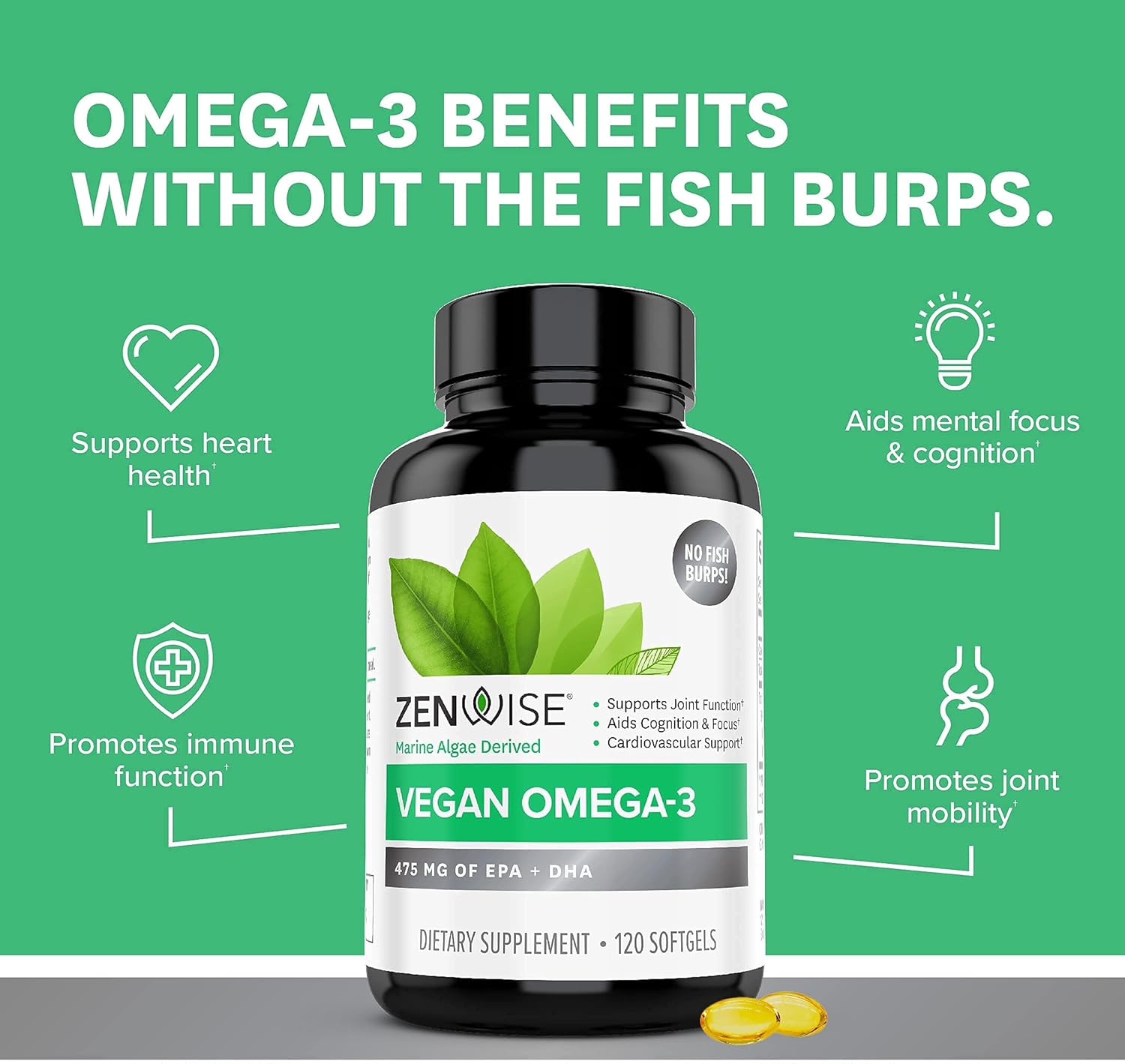 Zenwise Vegan Omega-3 Plant Based Fish Oil Alternative Marine Algal Source for EPA and DHA Fatty Acids - Burpless Supplement for Brain Health, Joint Support, Immune System, Heart & Skin - 120 ct : Health & Household