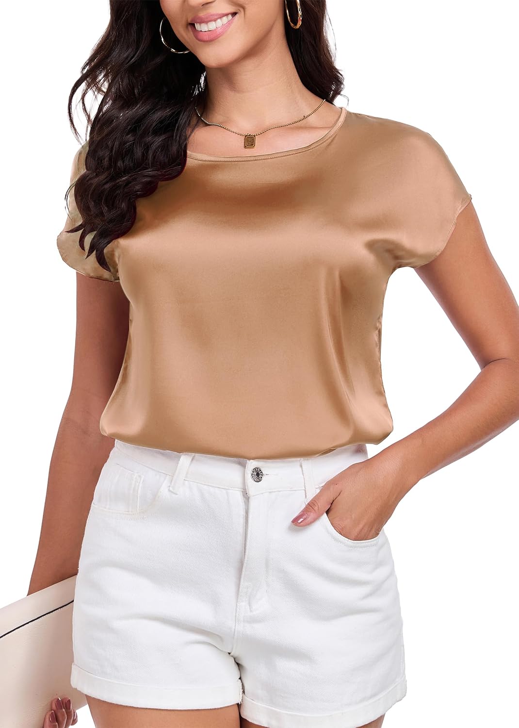 Wantschun Womens Silk Satin Shirt Casual Cap Short Sleeve Blouse