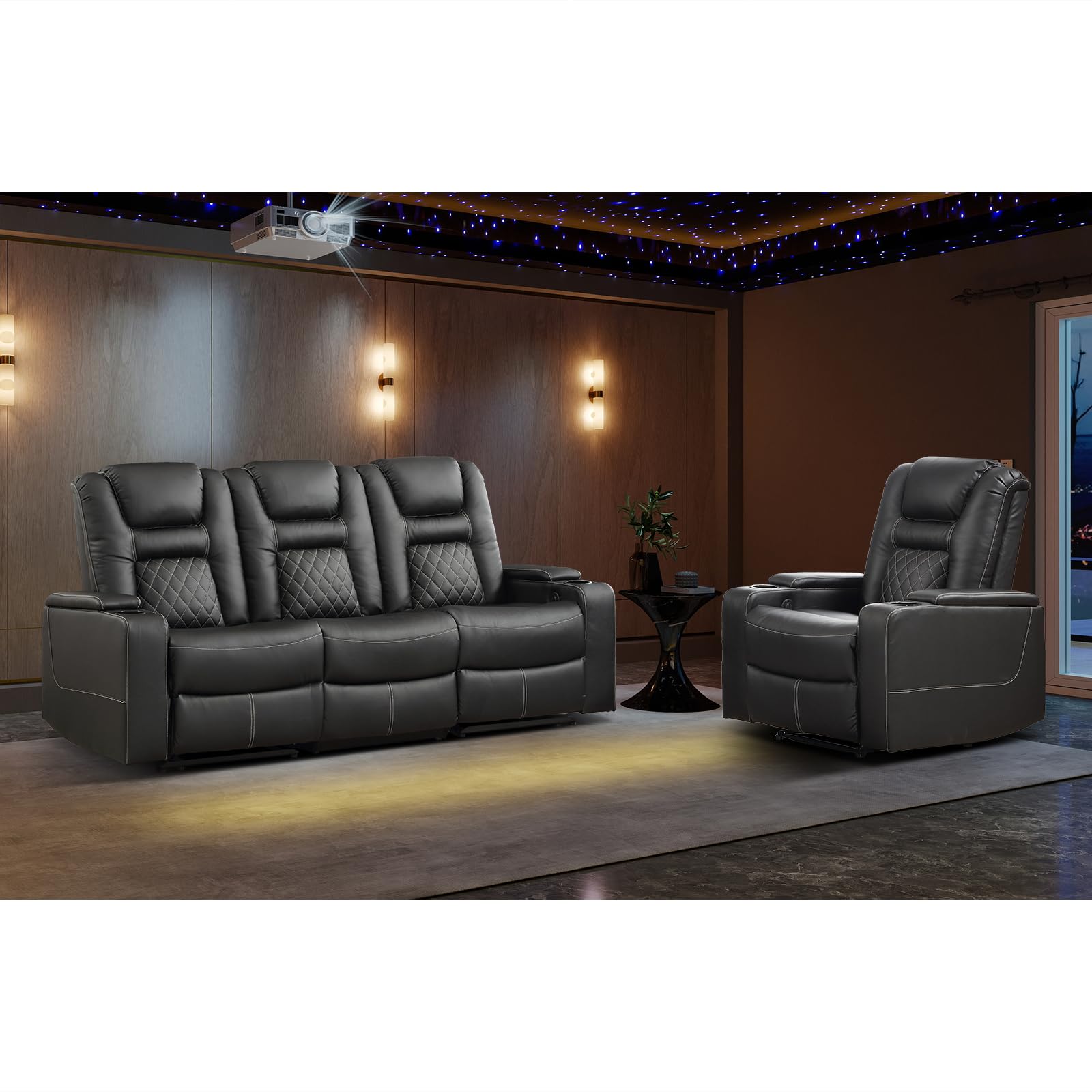 EBELLO Home Theater Seating Seats, Included Single Movie Theater Recliner and 3 Seat Reclining Sofa Living Room Sofa Set with Storage, Cup Holders and