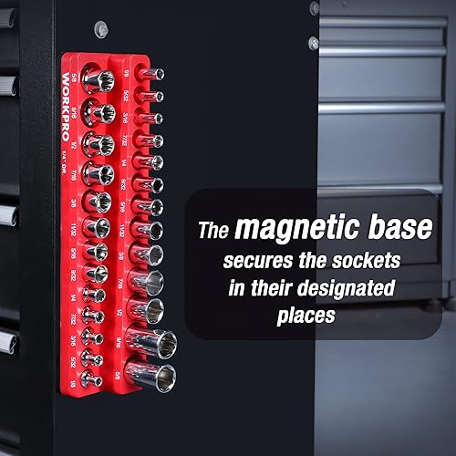 Miniatura 7 de WORKPRO Organizador magnético para llaves de vaso, portavasos SAE de 14 pulgadas, bandejas para llaves de vaso con capacidad para 26 piezas de