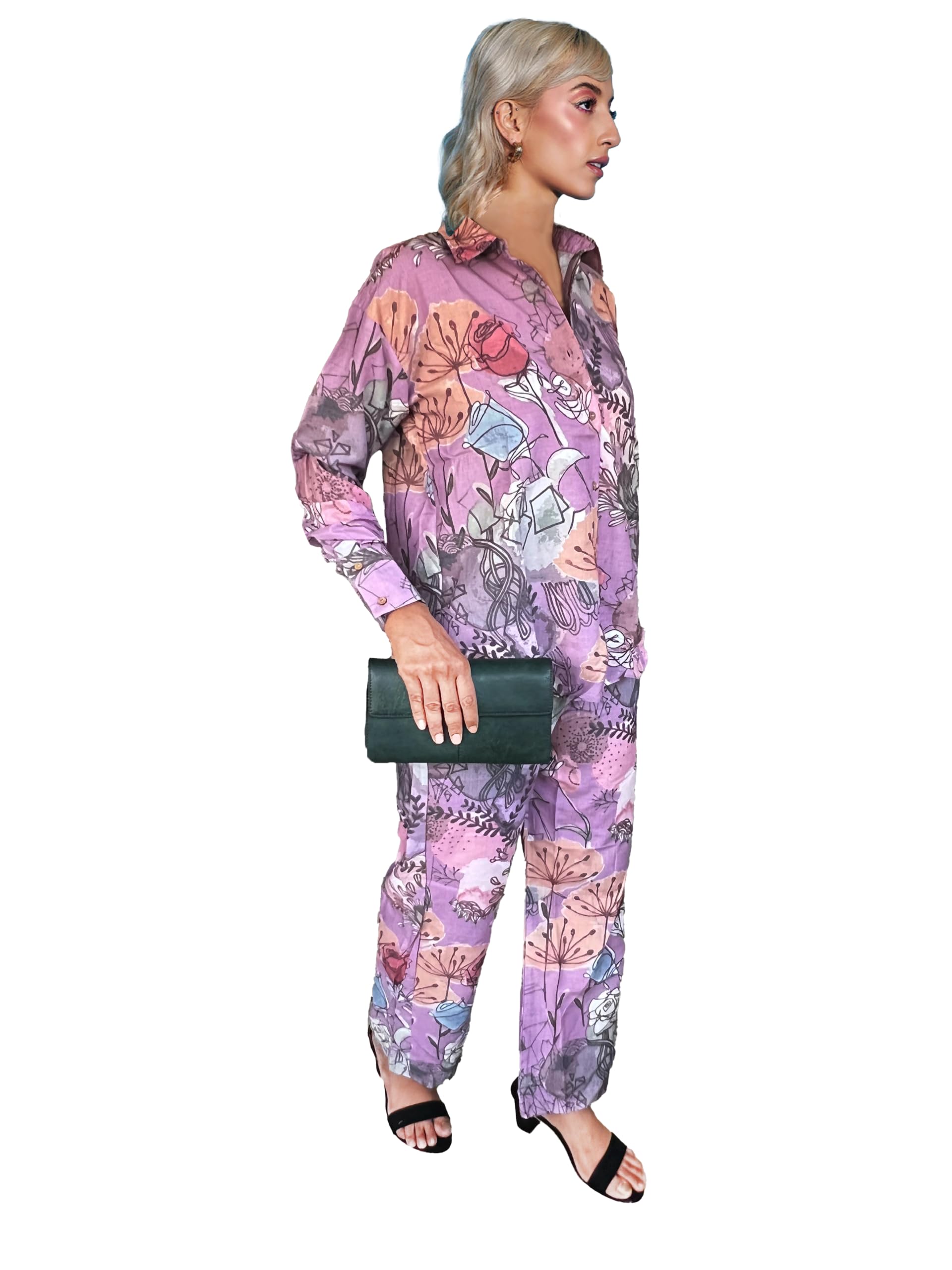ULOSWomen's Floral Print Shirt & Wide Leg Elasticated Pant Light Purple Coloured Muslin Cotton Over-Sized Co-Ords Set