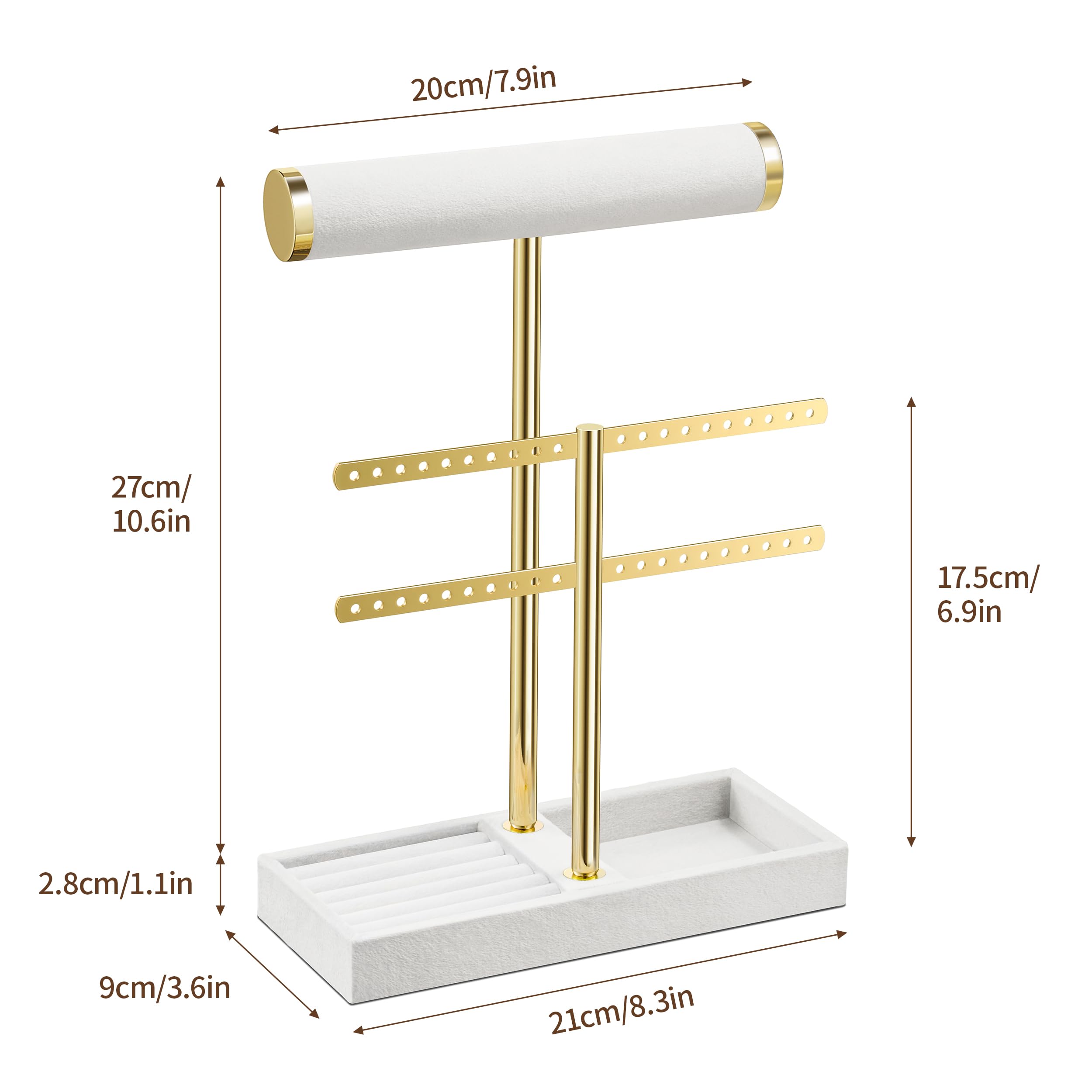 Josmimic Schmuck Organizer mit 2 Ebenen - Schmuckständer Armbänder, Weiß Abnehmbarer T-Steg Schmuck Ständer, Samt-Armbandhalter, Schmuckhalter für Armband, Halskette, Uhren, Ringe