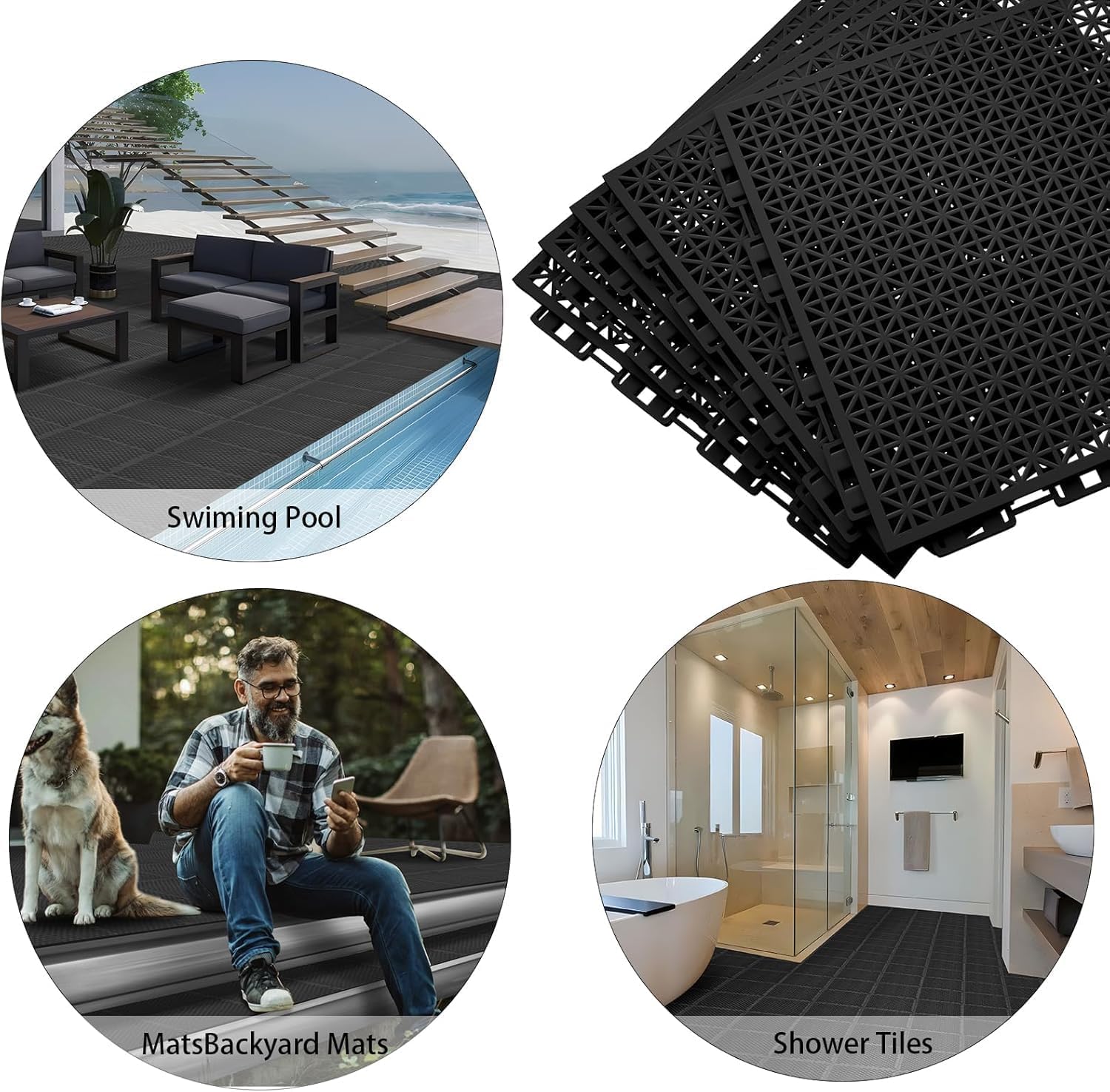 50 PCS Modular Interlocking Cushion Interlocking Floor Tiles with Hole Drainage Mat 10" x 10" Non Slip Pool Deck Mat Outdoor for Drain Deck Pool Patio Shower Kitchen Balcony (Black)