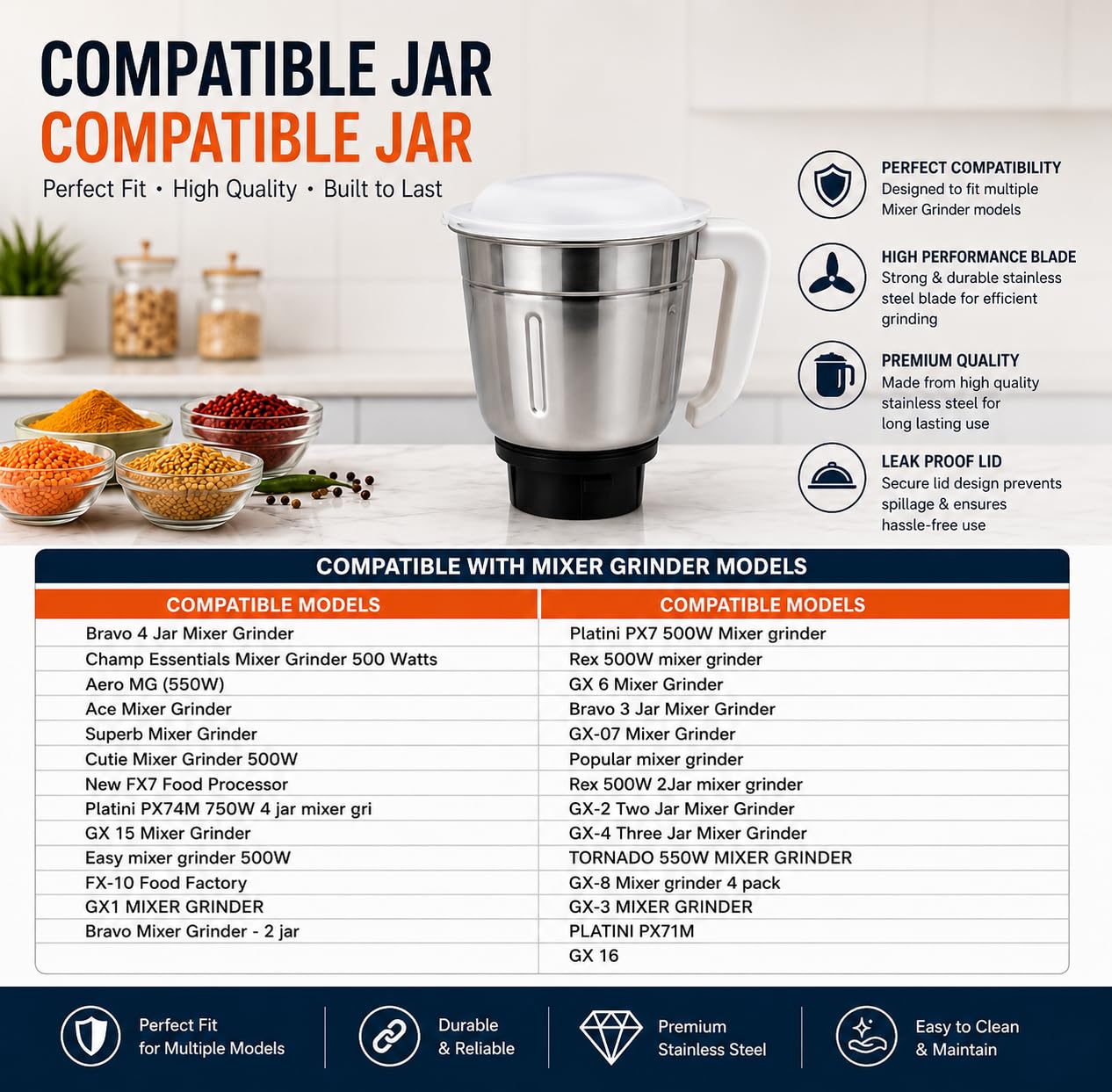 New Swati Jar Assembly for GX7 Mixer Grinder – Bajaj Original Spare Jar with Blade & Lid | Stainless Steel | Genuine Replacement Accessory (941865) — Amazon image 4