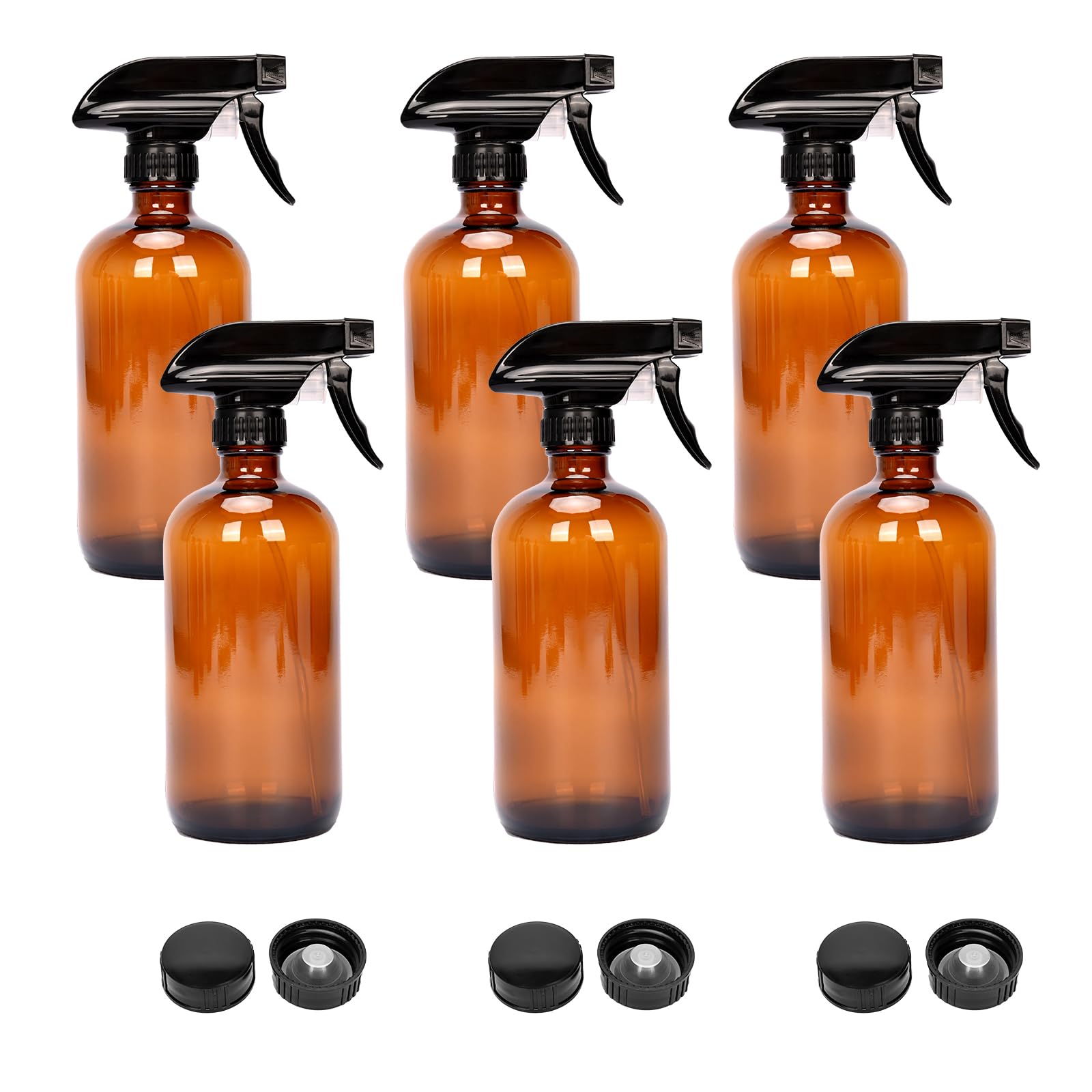 uyoyous Amber Glass Spray Bottle 6 Pack (500ml/16oz) Empty Refillable Container for Essential Oils Cleaning Organic Plant Cocking with BPA-Free Mist Trigger Sprayer Caps