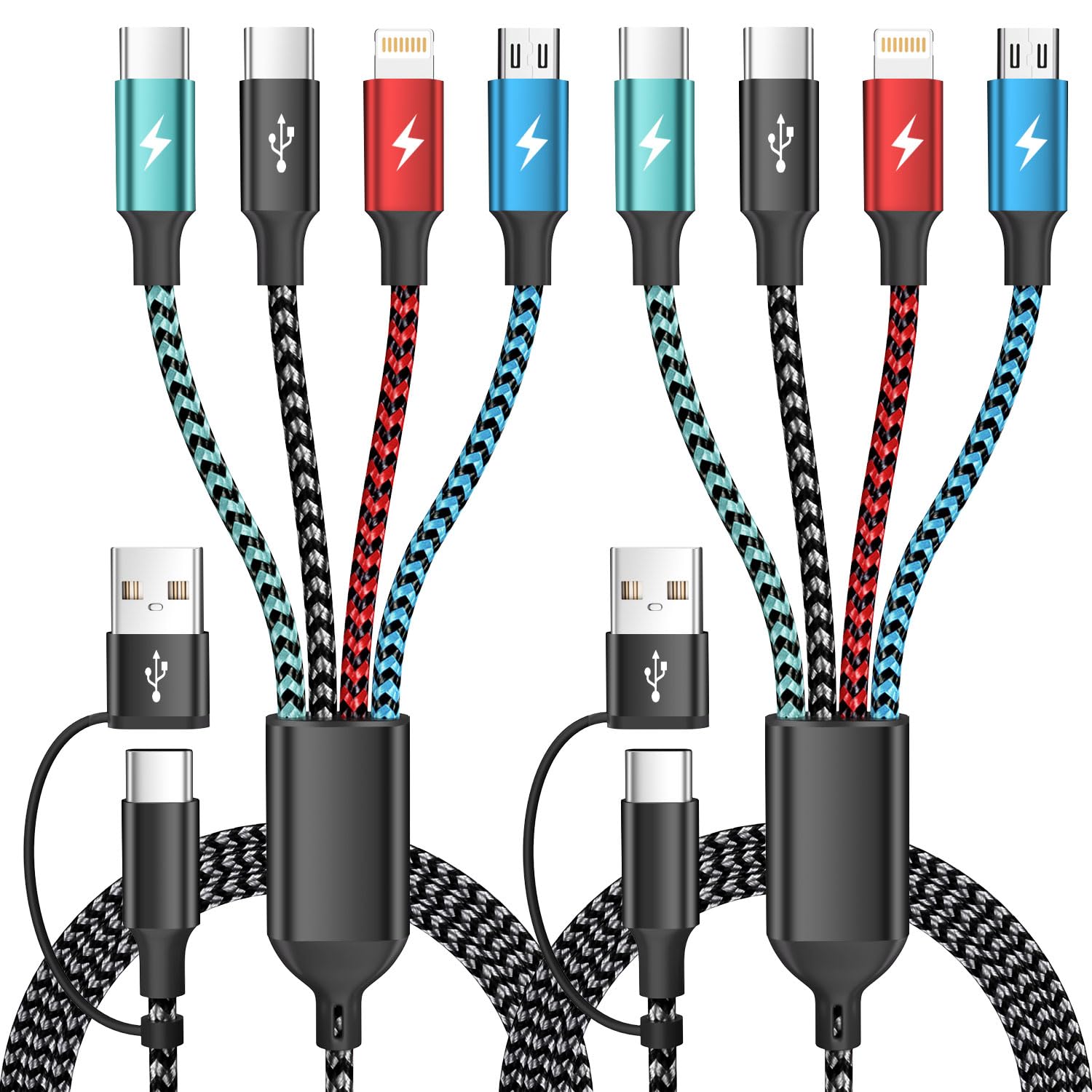 Travel 4 in 2 Multi Charging Cable, USB A/C Charging cords with Dual Type-C/Lightning/Micro USB, Universal iPhone Charger Cord for iPhone Series/Androids/Tablets, Multi Charger Cable (2Pack, 5FT)