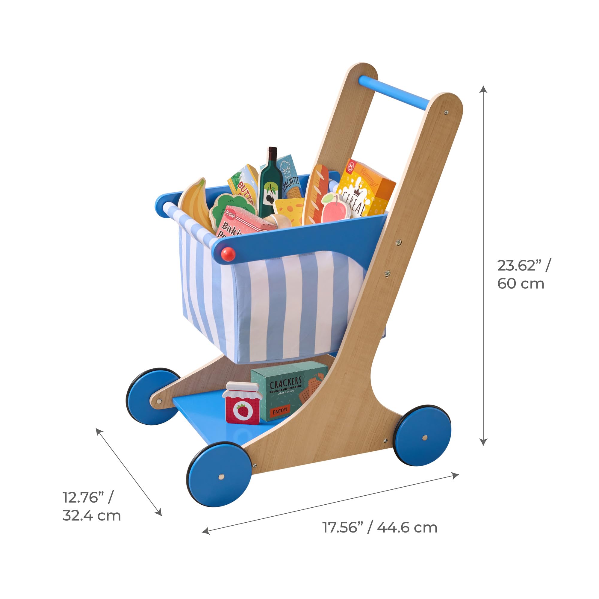 Teamson Kids Carrello della Spesa Little Helper Mr. Fresh, Gioco di Ruolo, per Bambini dai 3 Anni, 44,6x32,4x60 cm, Blu, Legno, con 13 Alimenti e Cestino in Tessuto, 2,4 kg