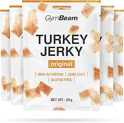 GymBeam Carne Secca di Tacchino, Turkey Jerky 50g, Snack Leggero e Ricco di Proteine, Carne di Tacchino di Alta Qualità, 38,4g di Proteine per Porzione, Gusto Eccezionale (50 g (5er pack))