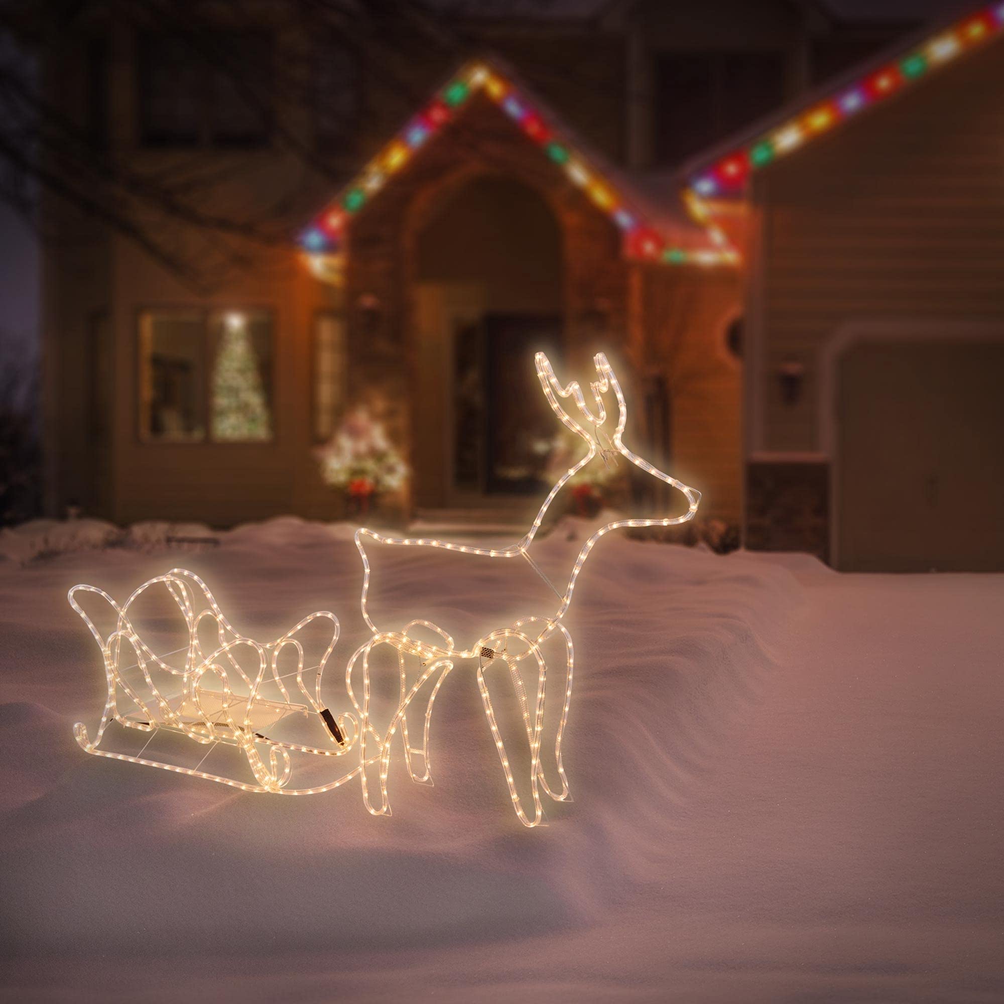ECD Germany LED Deko Rentier mit Schlitten, 504 LEDs, aus PVC Schlauch, 273x77 cm, Warmweiß, Innen/Außen, Weihnachten Dekoration Figur Beleuchtet Lichtschlauch Weihnachtsbeleuchtung Leuchtfigur