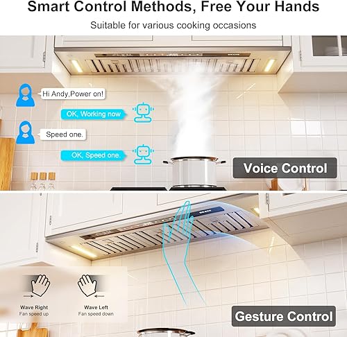 Miniatura 3 de BRANO Campana extractora de 36 pulgadas, 900 CFM control inteligente de vozgestostáctil, ventilador de escape de 4 velocidades, campana de cocina de