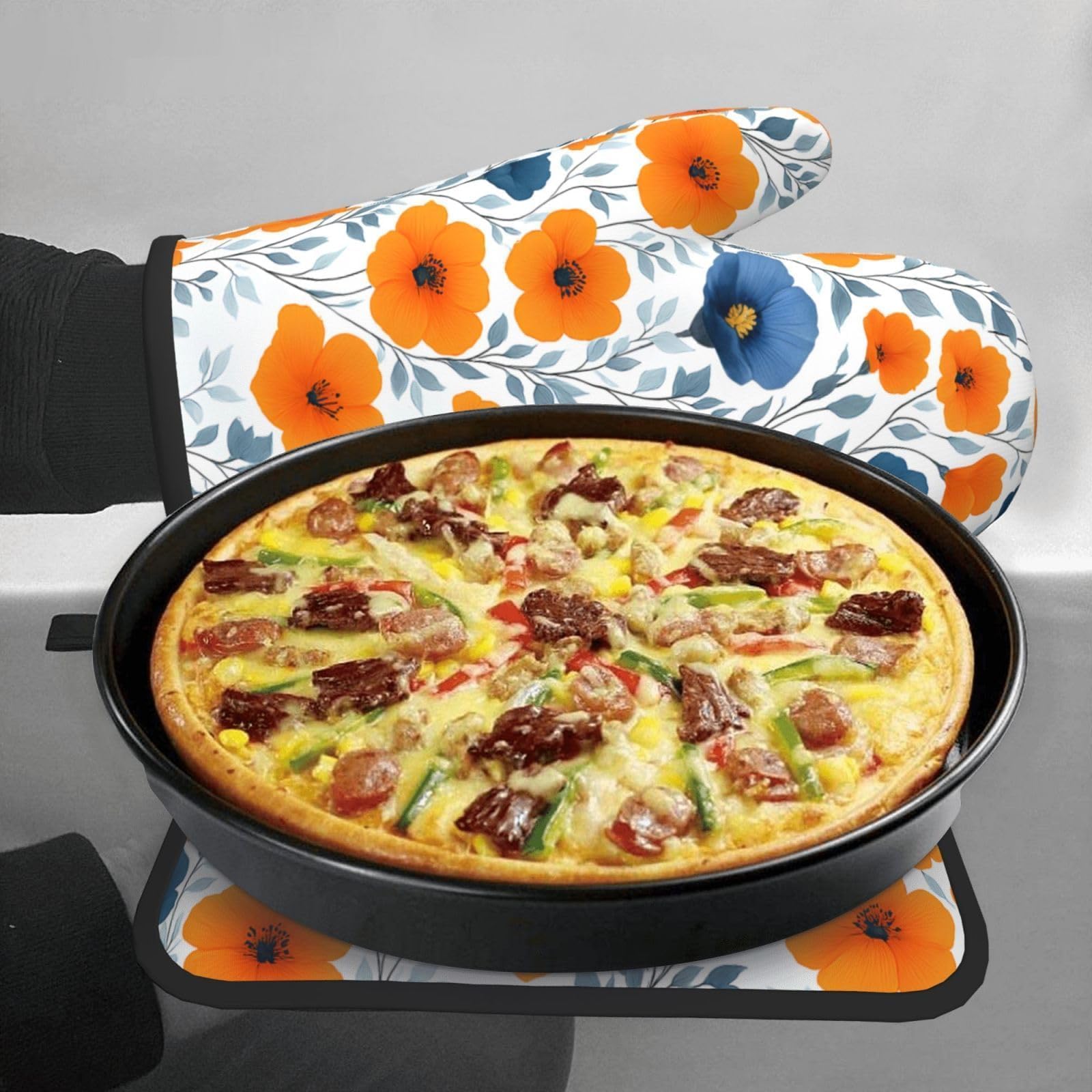 Pomarańczowo-niebieskie kwiatowe rękawice kuchenne i uchwyty na garnki, zestawy 3 sztuk, odporne na wysokie temperatury, antypoślizgowe, spalone, pomarańczowe, granatowe, kwiaty, poliestrowe rękawice