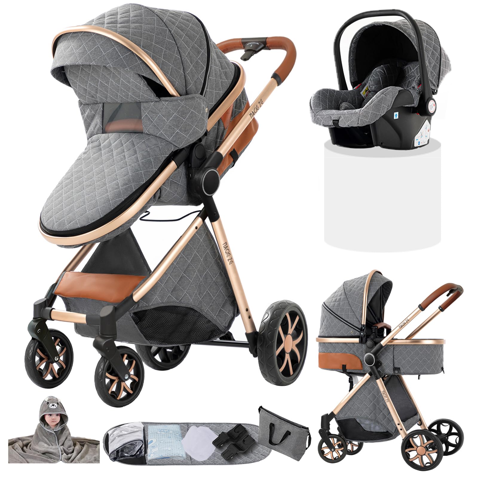 Carro Bebe 3 Piezas, Carrito Bebe 3 en 1 con Dos Modos de Empuje Reversibles, Cochecito Tres Piezas con Capazo Grande Cómodo, Carricoche Tres Pieza Alto Paisaje (YV9 Grey)