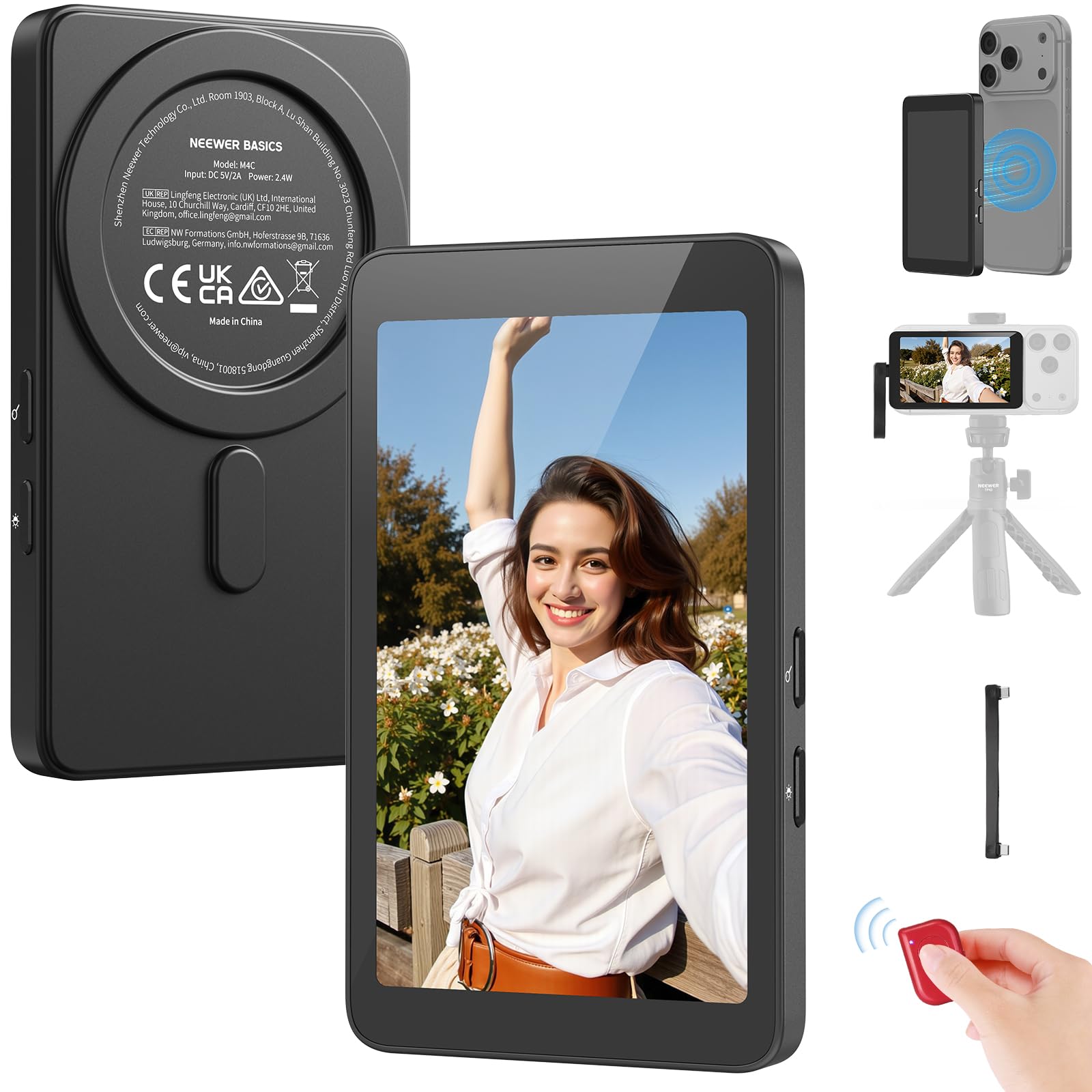 NEEWER 4" Magnético Vlogs Selfies Monitor Pantalla,4K 120fps Cable Grabación para DP Enabled Phone,Back Camera Monitor con Remoto para Youtube TikTok Video Streaming,NO Compatible con iPhone Air, M4C