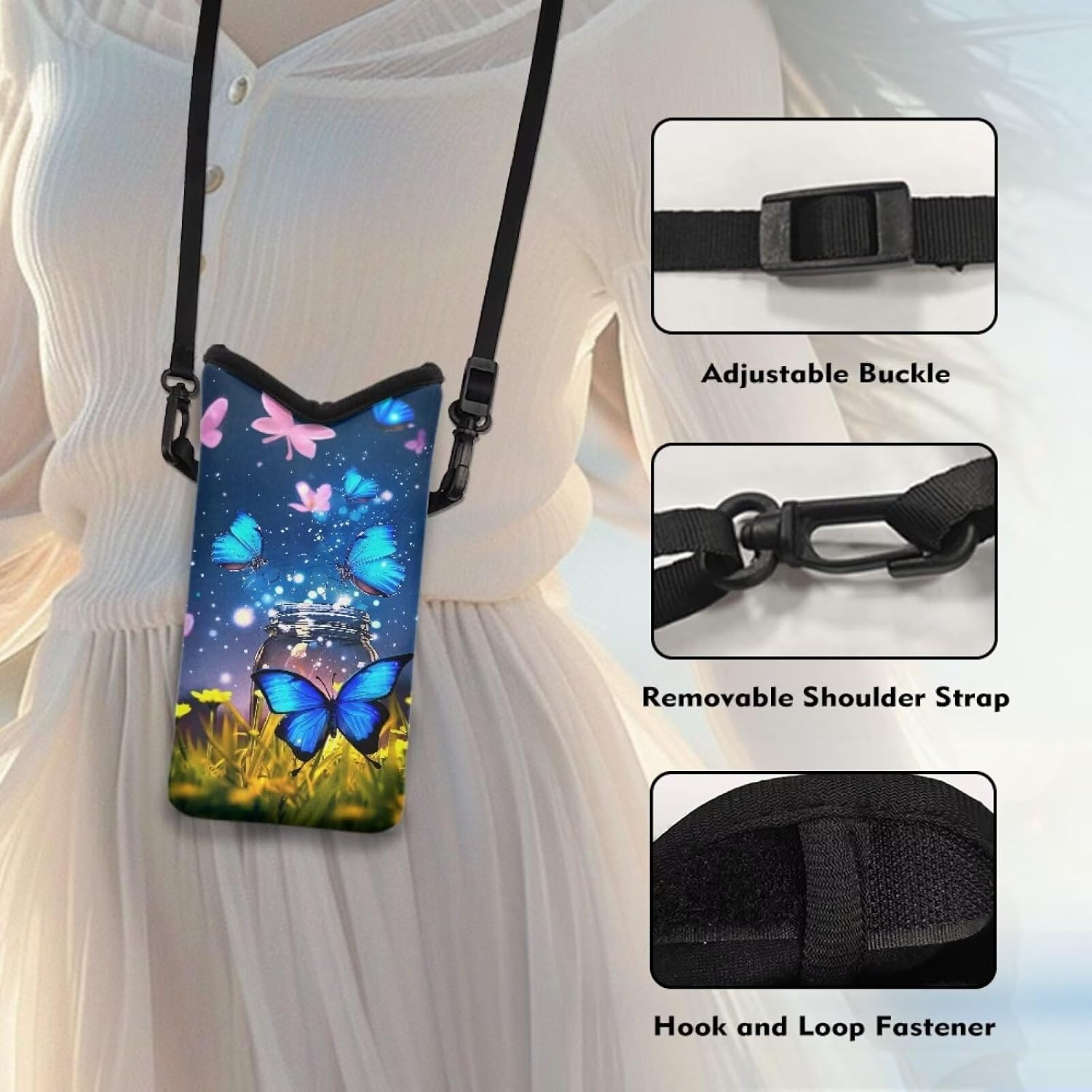 Butterfly Cell Phone Sleeve Pouch Case Bag for Women with Crossbody Strap Shockproof Phone Bag with Neck Lanyard Fits Most Phones 8x4 Inch