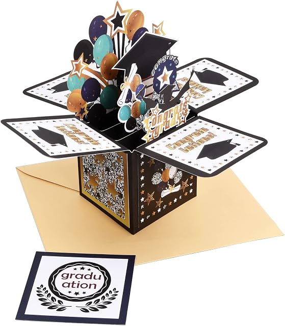 Yasmous 3D Graduation Greeting Card Pop up Graduation Congratulation Card w/ Envelope Doctor Hat Ballon Star Decor Card University Master PHD Graduates Gifts Classmate Family Friend, black, 16x15.5cm