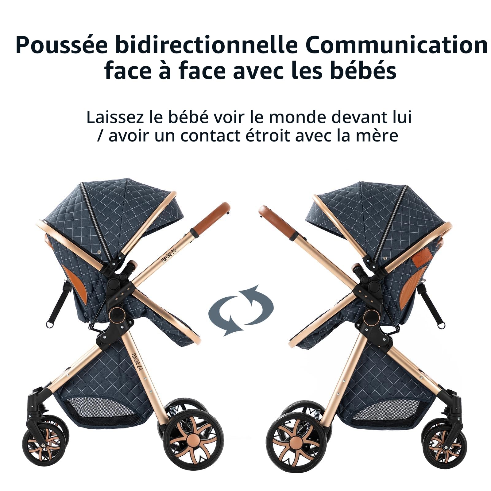 Poussette 3 en 1, Poussette avec Réversible Deux Façons de Pousser, Pousette 3 en 1 avec Alliage d'aluminium à Cadre, Poussette Canne avec Conception Pliable en Un Clic (225 Creamy White)