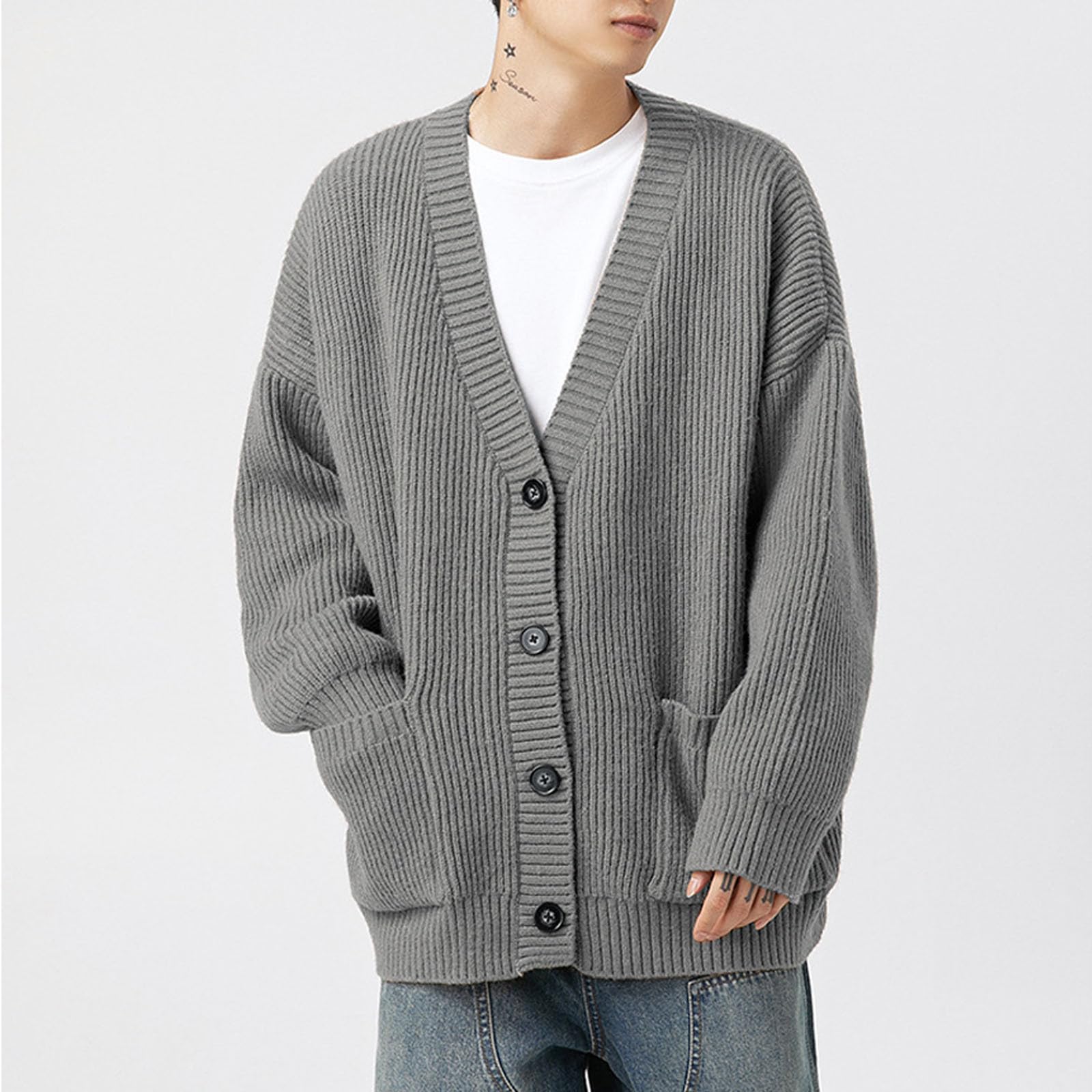 Cardigans Hombre Invierno, Chaqueta Hombre Punto Fino con Cuello Jersey Elástico Manga Larga De Punto con Botones Elegante Y Ajustado Suéter Ligero Y Cárdigan para Exterior El Ocio