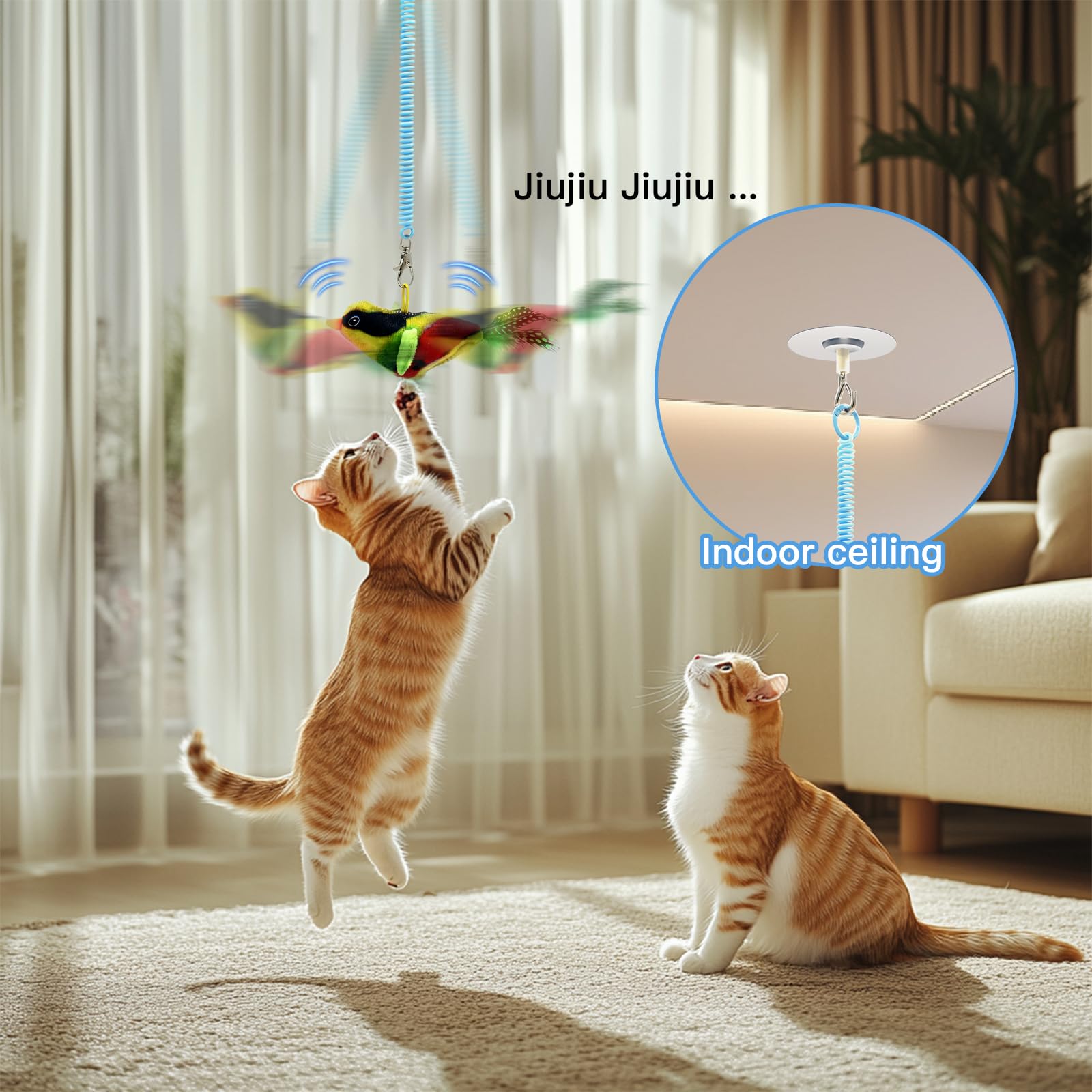 TUGFREE Juego de juguetes para gatos y pájaros chirriantes, juguete interactivo para gatos de interior, juguete de gatito activado por movimiento con sonido realista y pluma, diversión 2 en 1 para