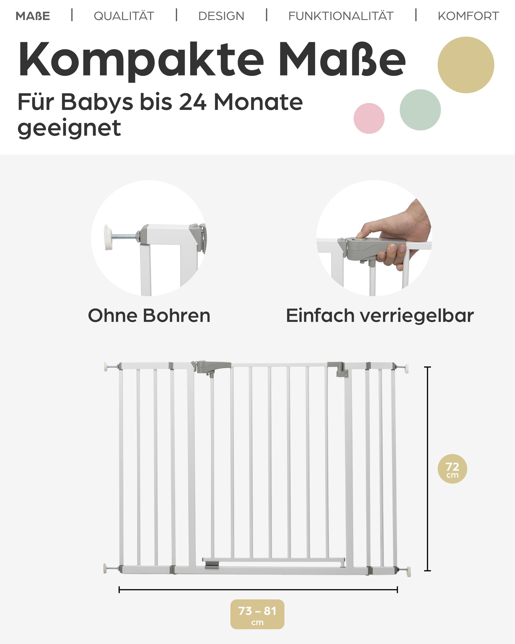 Geuther Türschutzgitter Yanis, 73–81,5 cm Weiß I Treppenschutzgitter ohne Bohren in Metall I Stabiles Babygitter I Sicheres Kinderschutzgitter, Hundegitter Wohnung & Treppengitter zum Klemmen