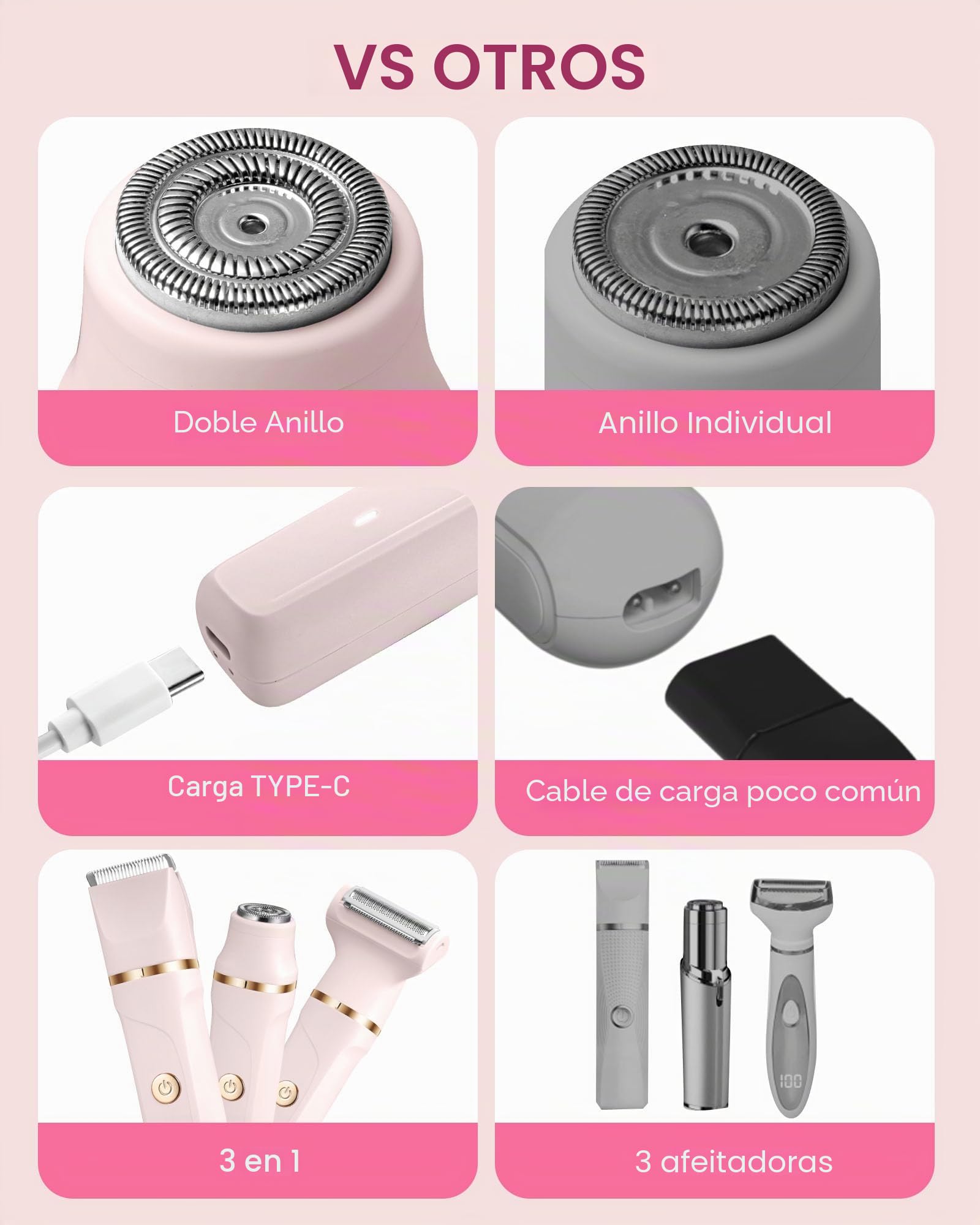 Maquinilla de afeitar para mujer, 3 en 1 para mujeres, depiladora facial para mujeres, afeitadora eléctrica para piernas, brazos, axilas y zona del bikini, recargable ipx7 resistente al agua