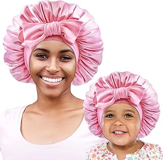 BONNET QUEEN Pack of 2 Silk Mommy and Baby Beanie, Satin Hat with Wide Elastic for Women and Baby, Baby Hat for Girls, Boys, Baby, Pink