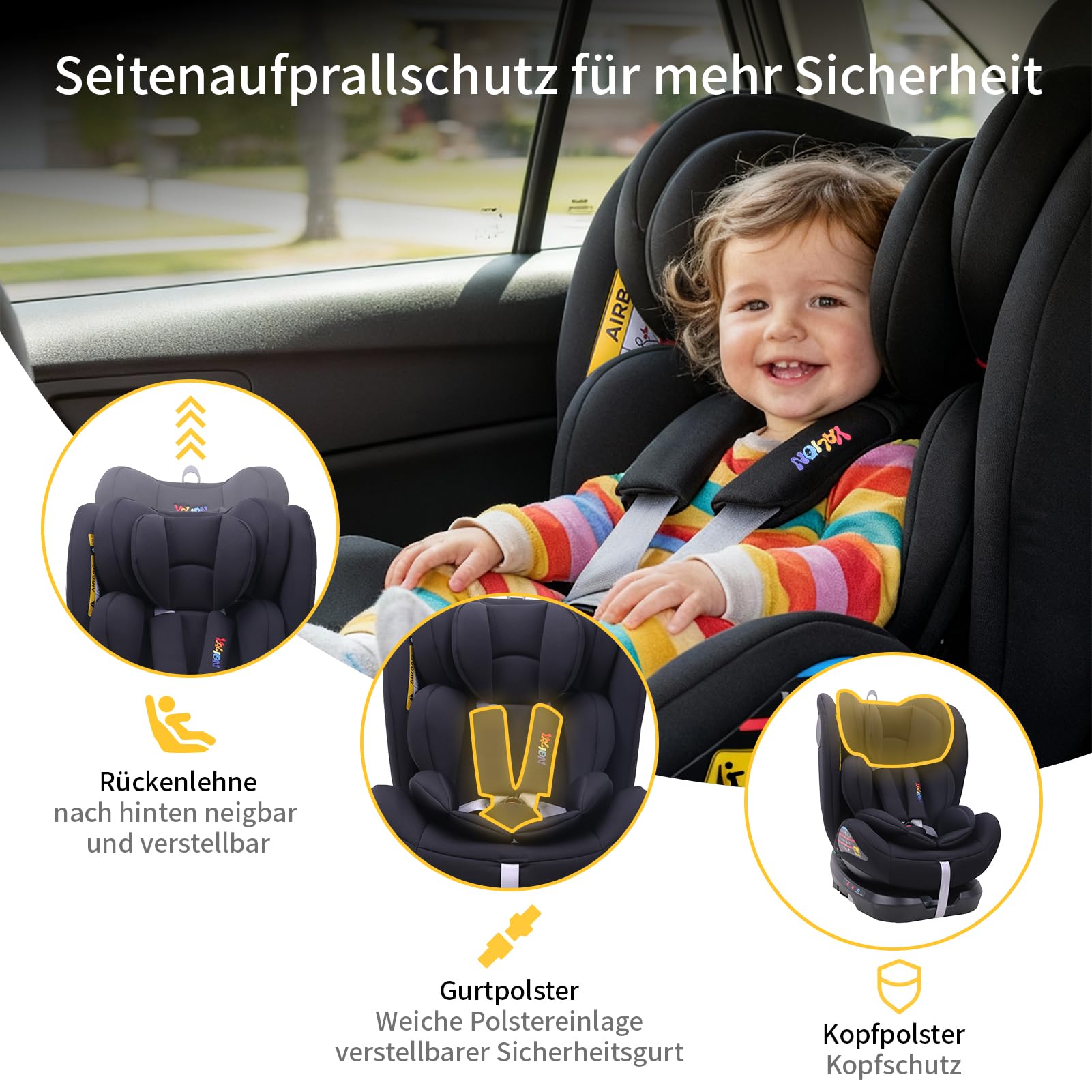 YALION i-Size Kindersitz (0-36 kg) mit 360° Drehung, ISOFIX & Top Tether | Für Kinder 40-150 cm (0-12 Jahre)-Grey