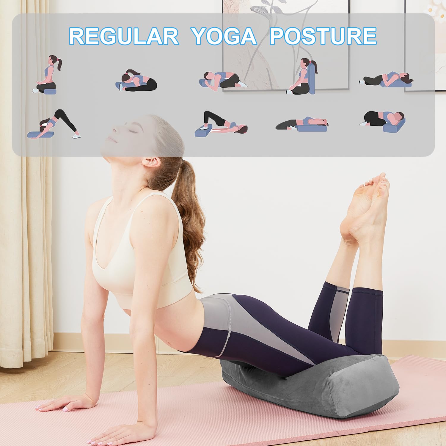 Almohada de yoga para yoga restaurativo, almohada de meditación con funda de terciopelo, rellena de algodón suave (gris)