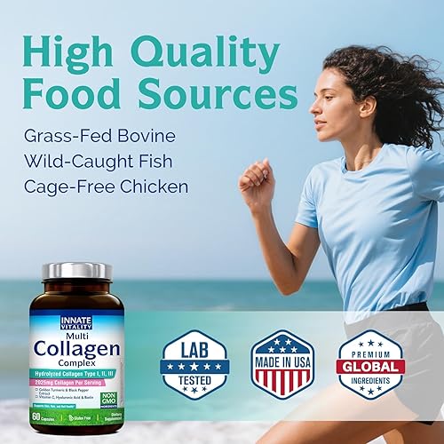 Miniatura 5 de Innate Vitality Péptidos de colágeno múltiple, tipo I, II, III, vitamina C, biotina, ácido hialurónico y cúrcuma, 2025 mg de colágeno hidrolizado