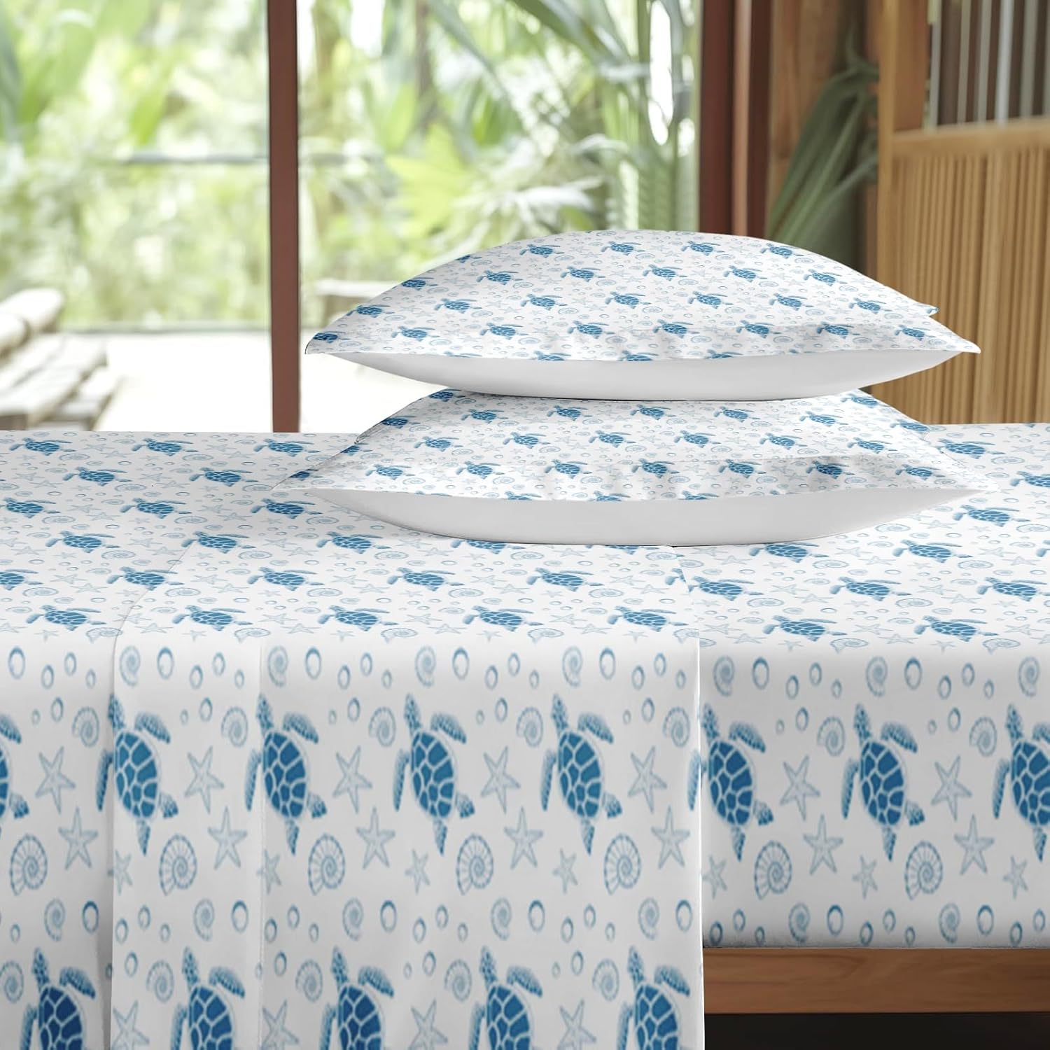 Pamnest Twin Size Bed Sheet Sets, Sea Turtle Ocean Soft Microfiber 3 Pcs Bedding Sets for Kids and Adults Bedroom Bed Decor, Animal Starfish Beach Flat, Fitted Sheet and Pillowcases