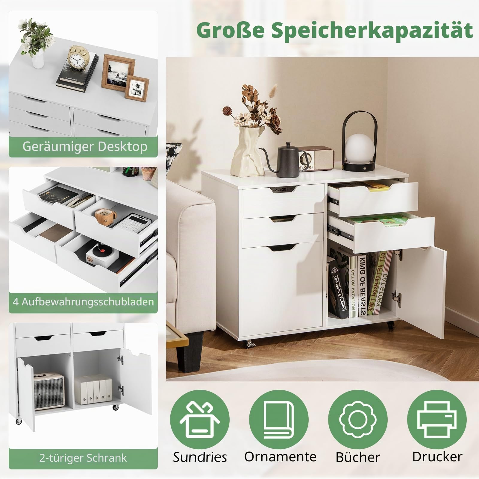 KOMFOTTEU Aktenschrank mit 5 Rollen, Rollcontainer mit 4 Schubladen & 2 Schränken mit Türen, Bürocontainer aus Holz, Schubladenschrank Bürowagen Druckertisch für Büro, Wohnzimmer (Weiß)